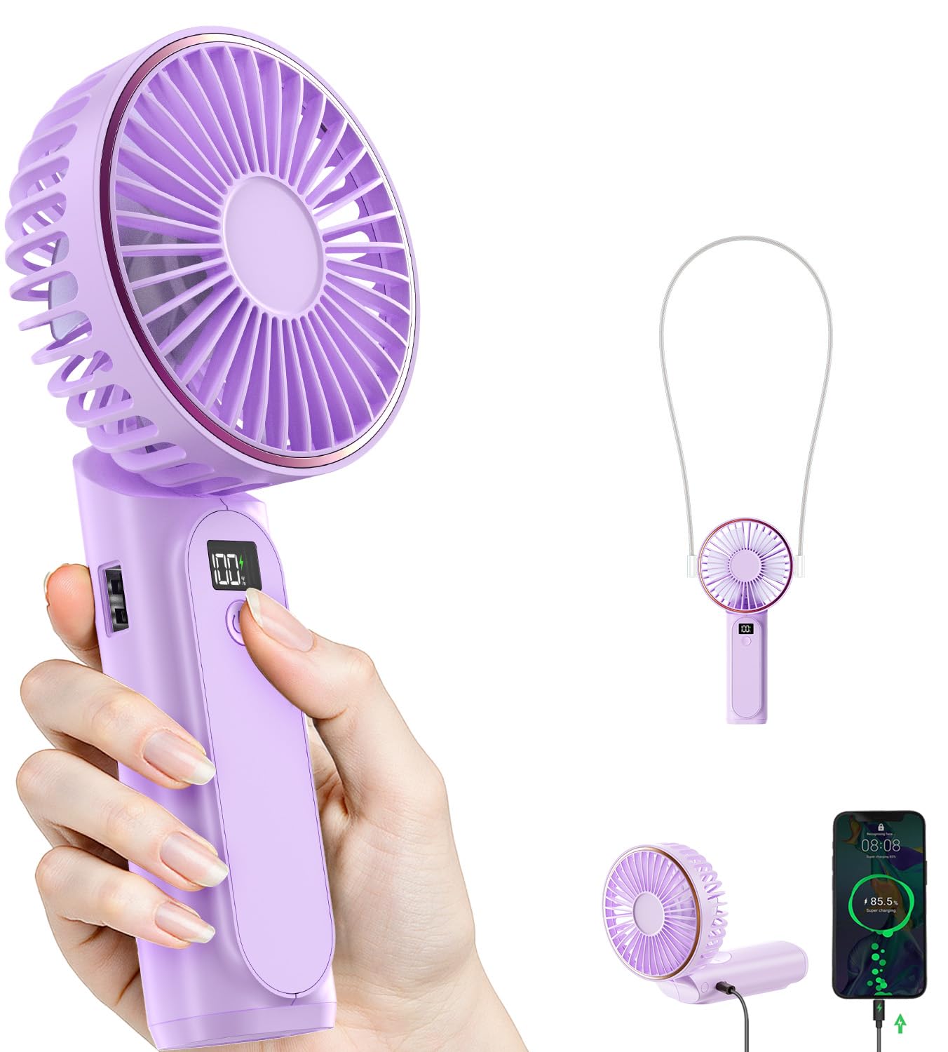 TUNISE Portable Handheld Fan, 4000mAh, 180 Adjustable, 6 Speed Wind, USB Rechargeable Foldable Fan with Real-Time Electricity Di