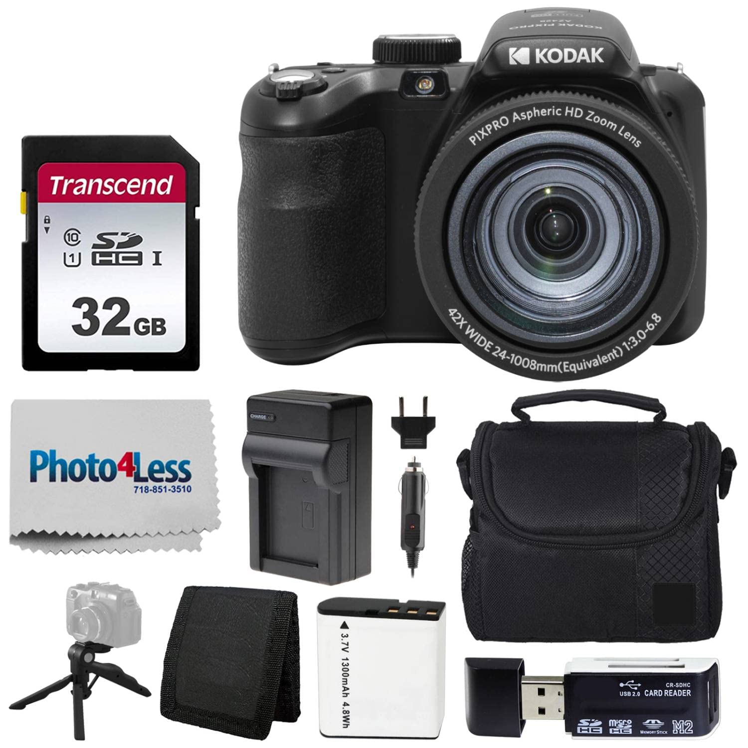Kodak Pixpro Az425 Digital Camera Bundle With 32Gb Memory Card, Camera Case (Black), Battery, Charger, Usb Card Reader, Table Tr