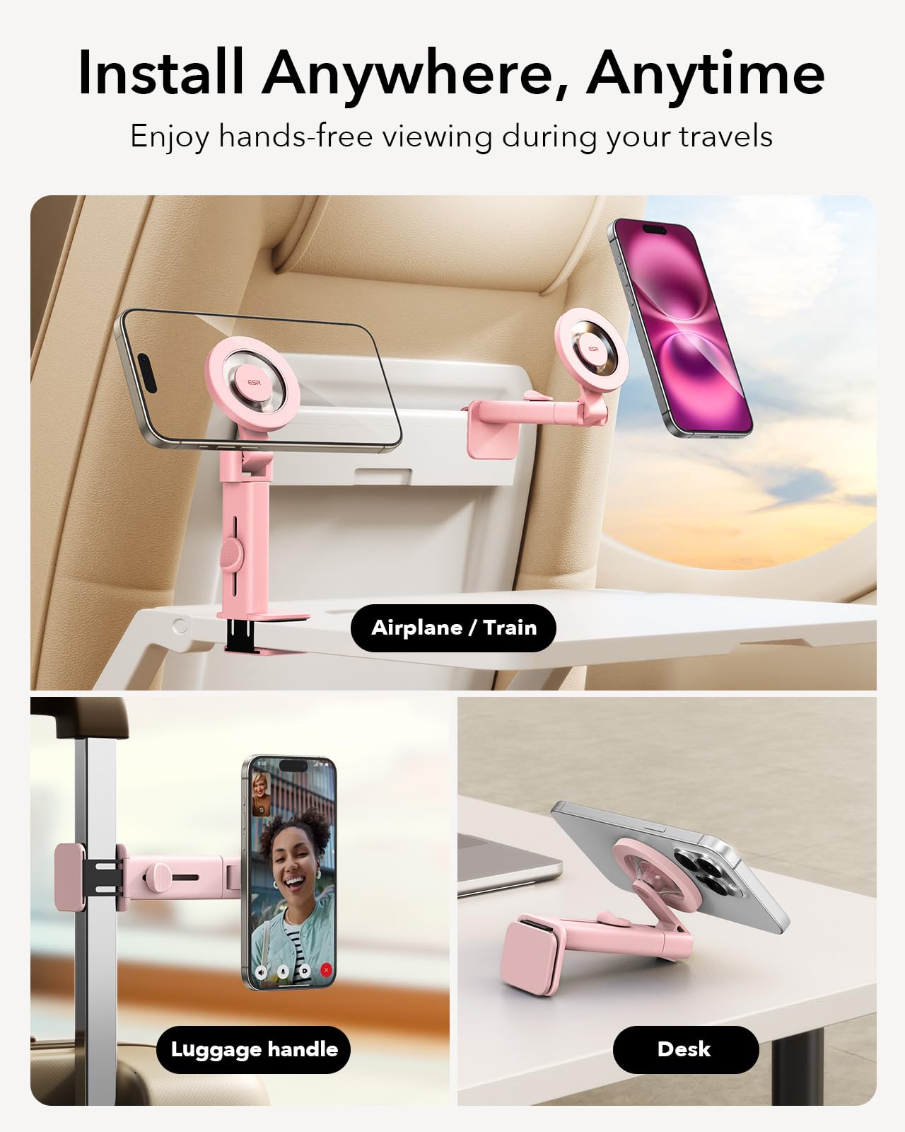 Esr Magsafe Airplane Phone Holder, Travel Essentials, Portable Magnetic Plane Mount With Metal Ring For Iphone 16 16E 15 14 13 1