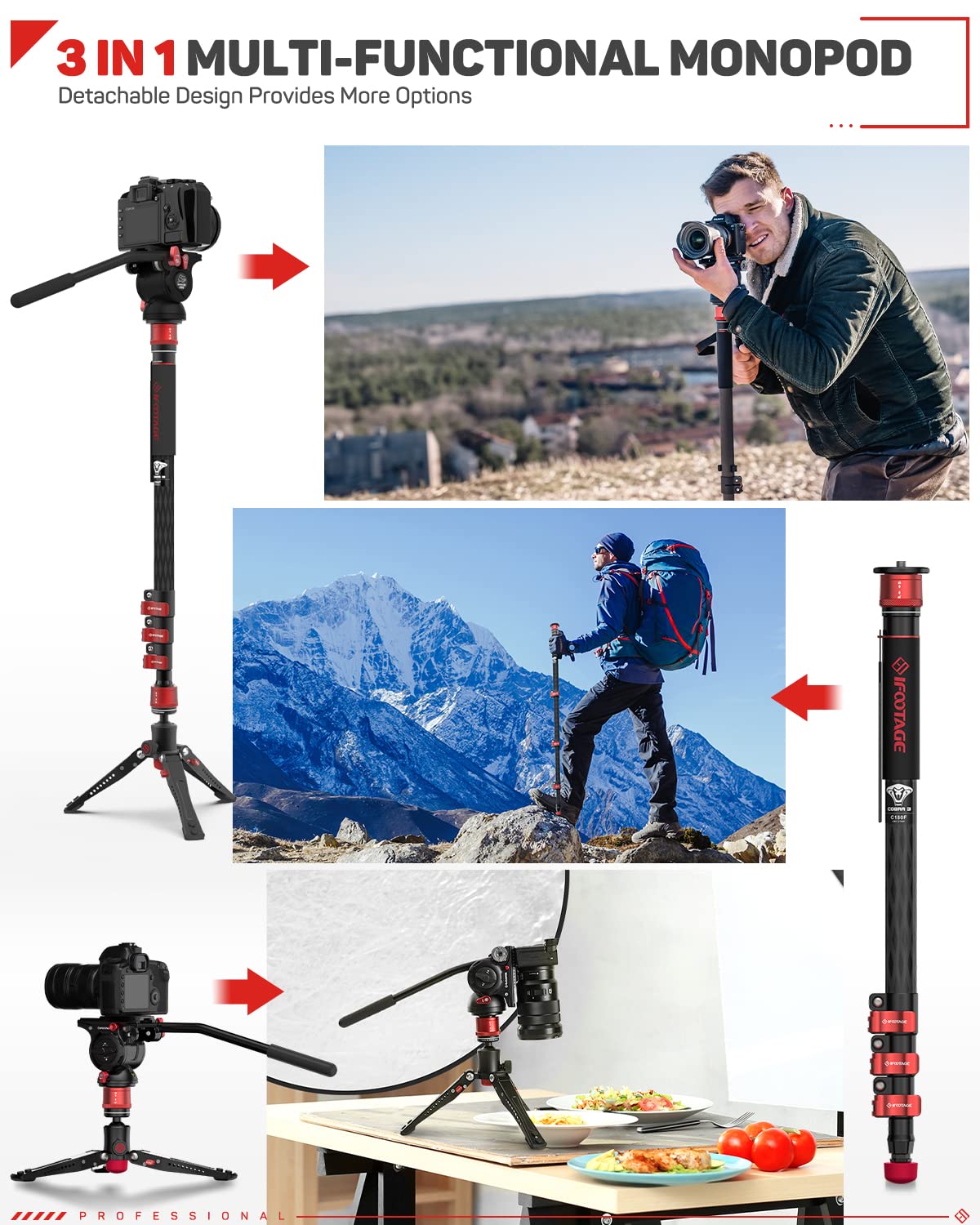 Ifootage 71  Professional Carbon Fiber Monopod For Dslr Cameras, Portable Travel Monopod With Feet, Max Load 17.64 Lbs, Compatib
