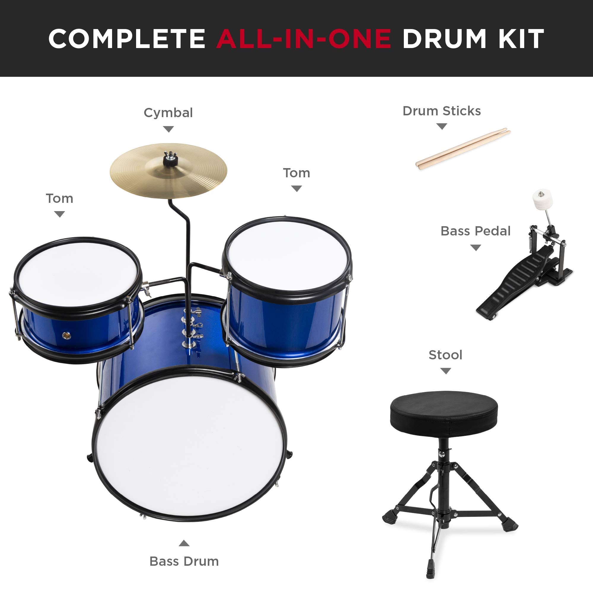 Best Choice Products Kids Drum Set 3 Piece Beginner Drum Set Junior Drum Set, W/ Throne Stool, Cymbal, Drum Sticks, Bass Drum Pe