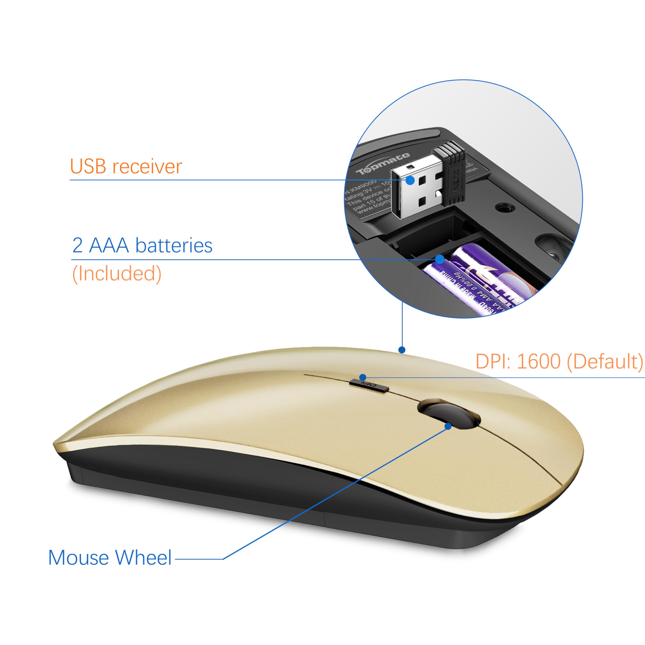 Wireless Keyboard And Mouse Ultra Slim Combo, Topmate 2.4G Silent Compact Usb 2400Dpi Mouse And Scissor Switch Keyboard Set With Cover, 2 Aa And 2 Aaa Batteries, For Pc/Laptop/Windows/Mac   Gold Black