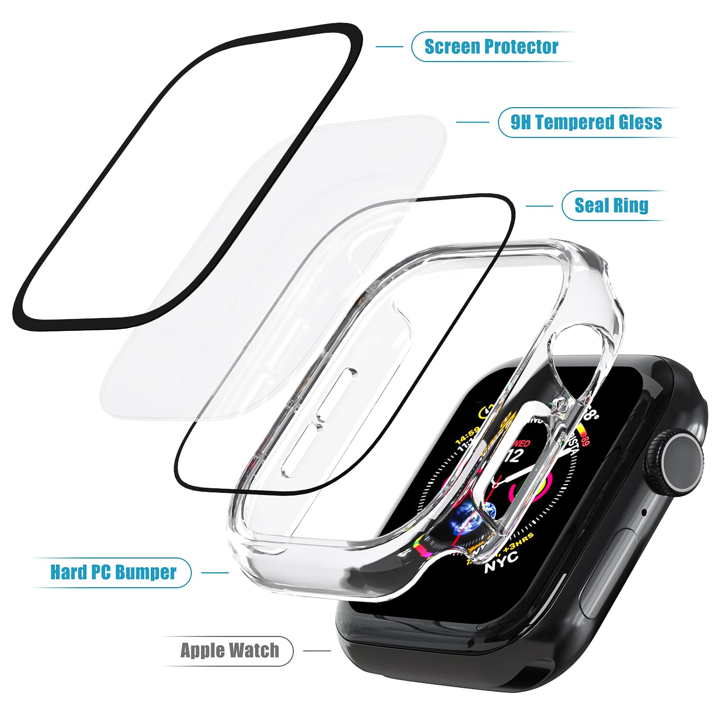 Foamia 2 Pack Case For Apple Watch Screen Protector, Hard Pc Case With Tempered Glass Protective Cover Guard Bumper, Slim Apple