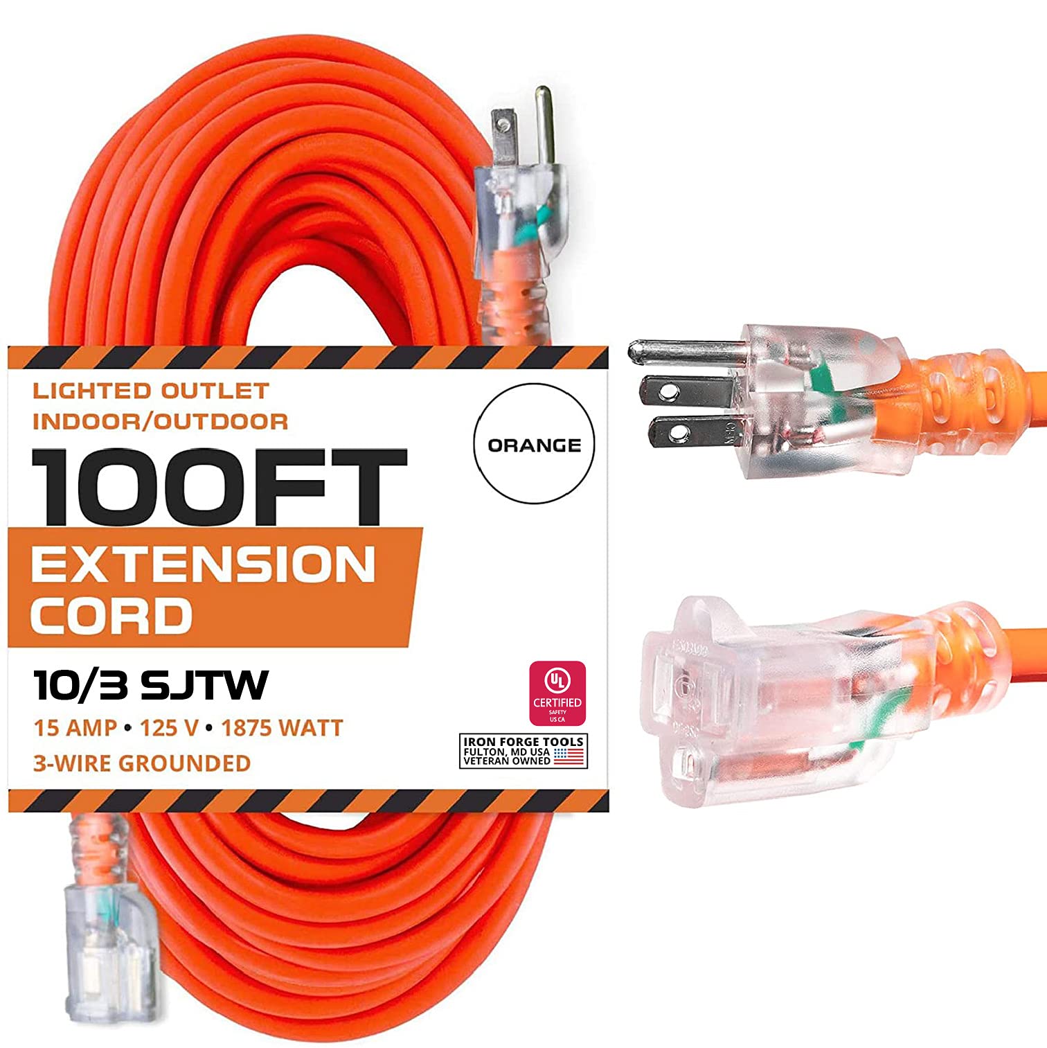 Iron Forge Cable 100 Foot Lighted Outdoor Extension Cord   10/3 Sjtw Orange 10 Gauge Extension Cable With 3 Prong Grounded Plug