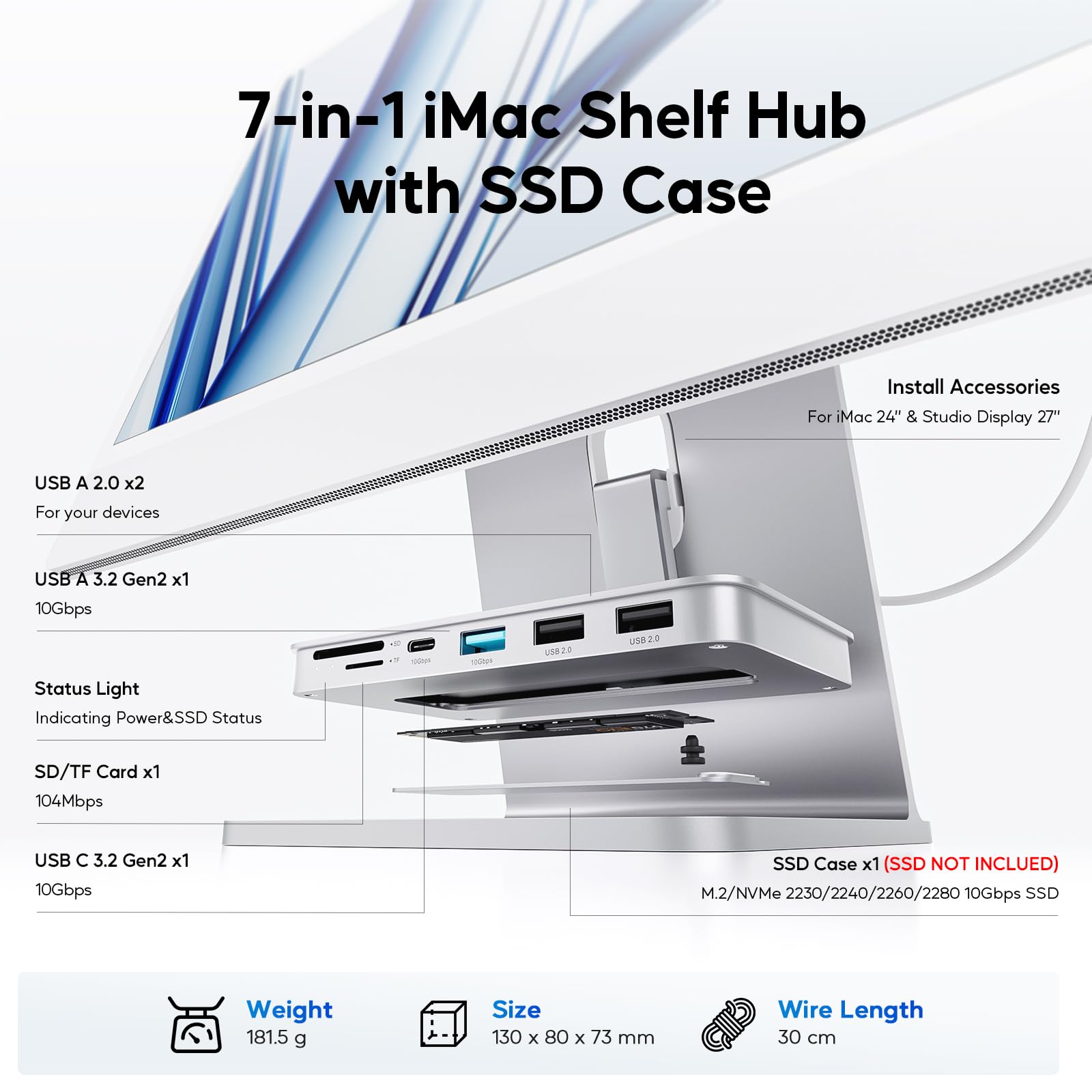 Imac Accessories For Imac 2021/2023, Pulwtop Usb C Hub For Imac Support 10Gbps Nvme Sata Ssd With Usb A/C 10Gbps, Imac Usb Adapt