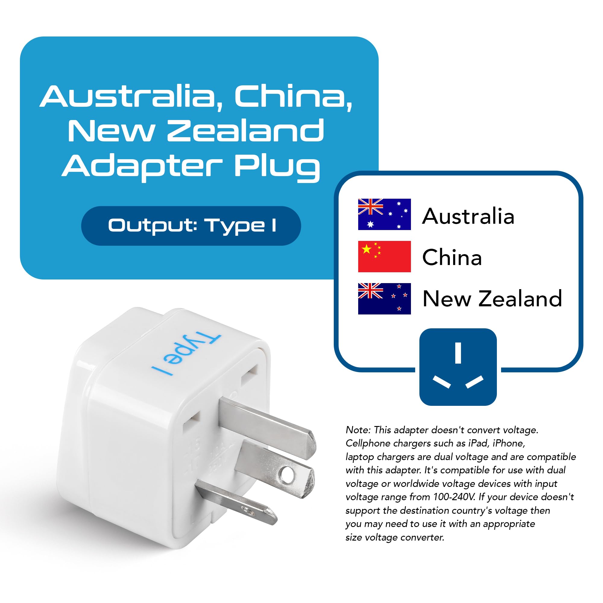 Ceptics Australia, China, New Zealand Travel Plug Adapter (Type I)   3 Pack [Grounded & Universal] (Gp 16 3Pk)