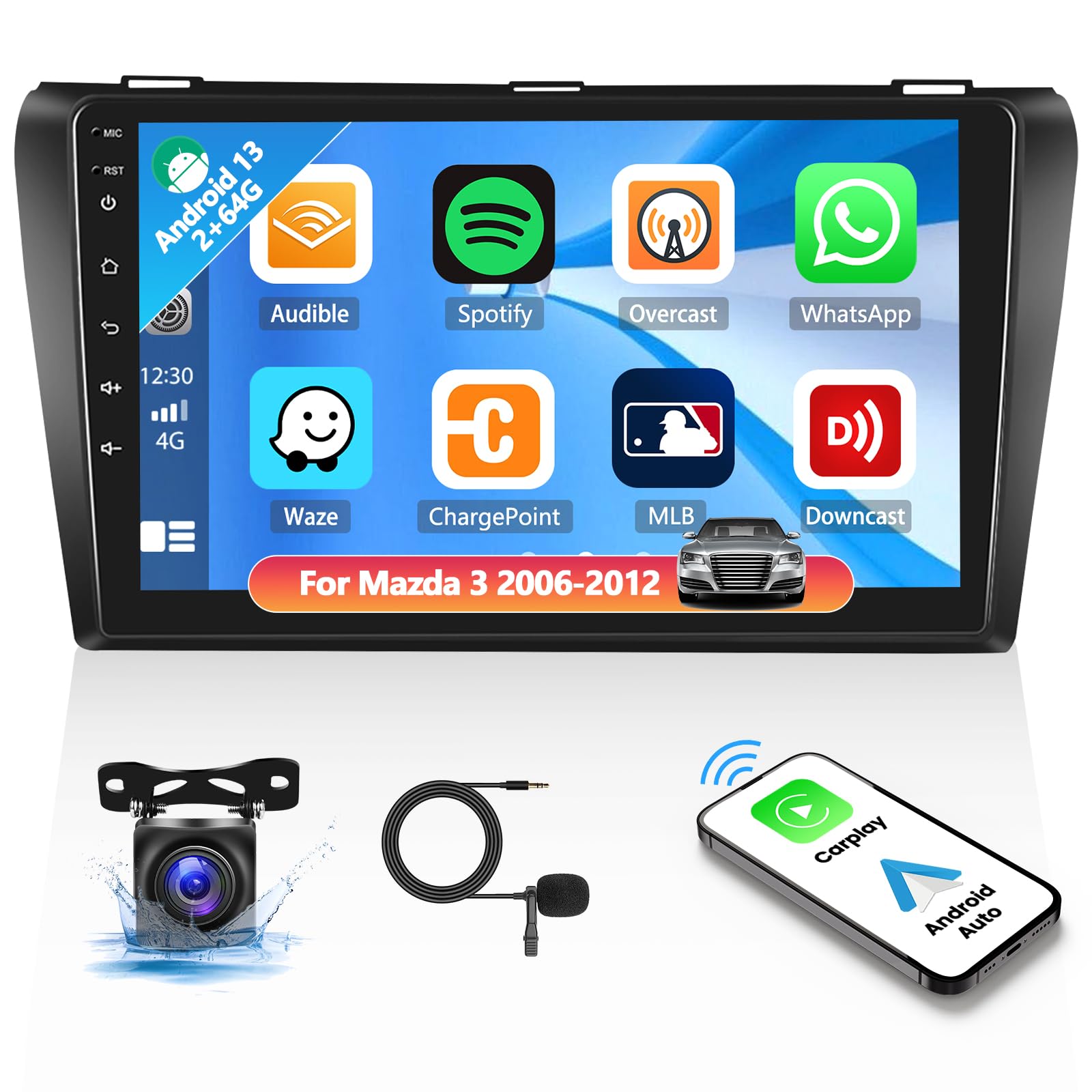 [2+64G] Android 13 Car Stereo For Mazda 3 2006 2007 2008 2009 2010 2011 2012 With Wireless Carplay&Android Auto,9 Inch Touch Screen Car Radio With Gps Wifi Bluetooth Fm/Rds Swc Dual Usb+Backup Camera