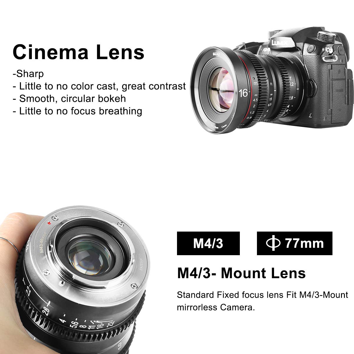 Meke 16Mm T2.2 Large Aperture Manual Focus Prime Low Distortion 4K Mini Cine Lens For Micro Four Thirds M4/3 Mft Compatible With