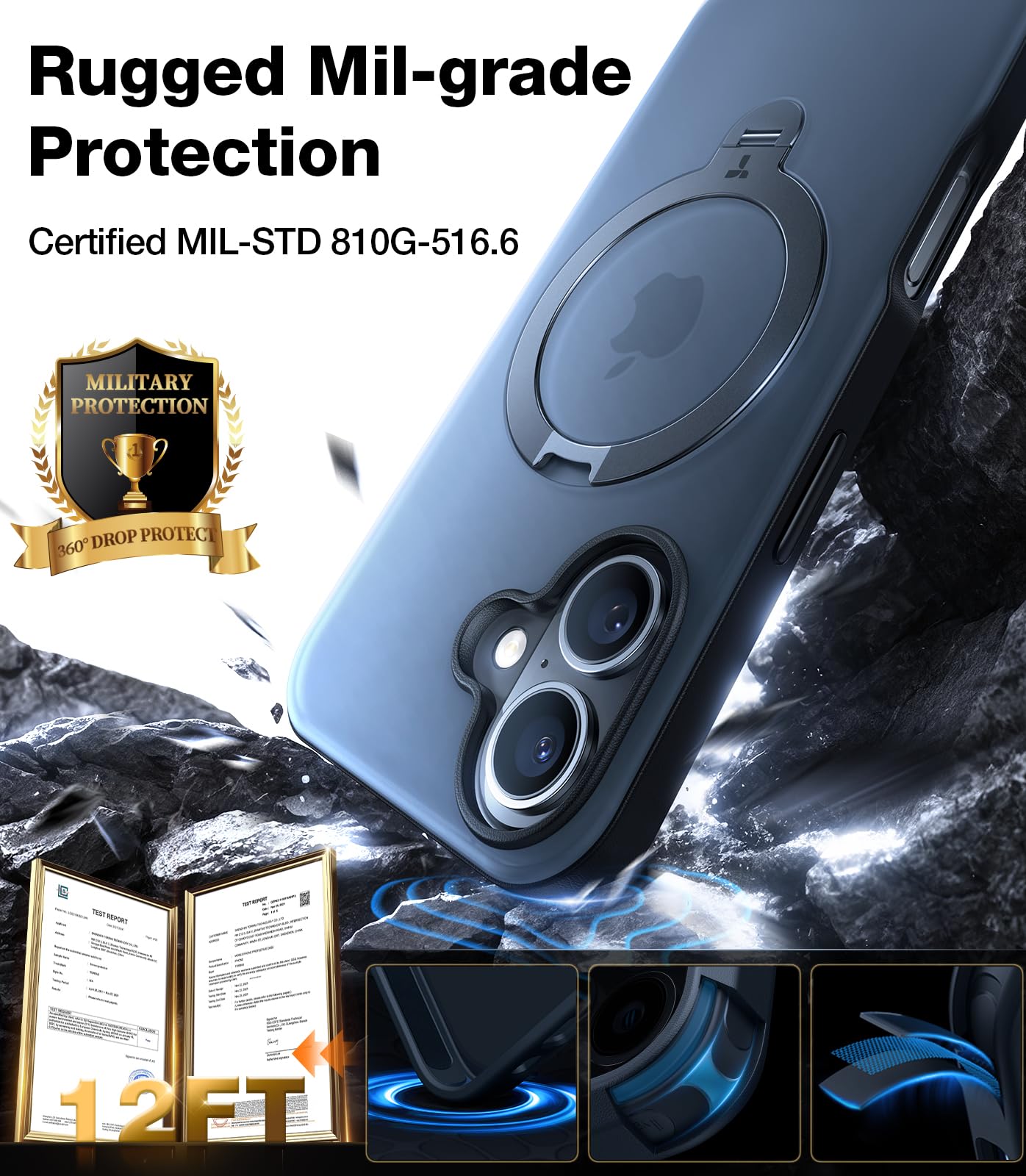 Torras 360 Spin Magnetic Stand Case For Iphone 16 Plus Case, Fit For Magsafe, 12Ft Military Grade Protective Case For 16 Plus Ph