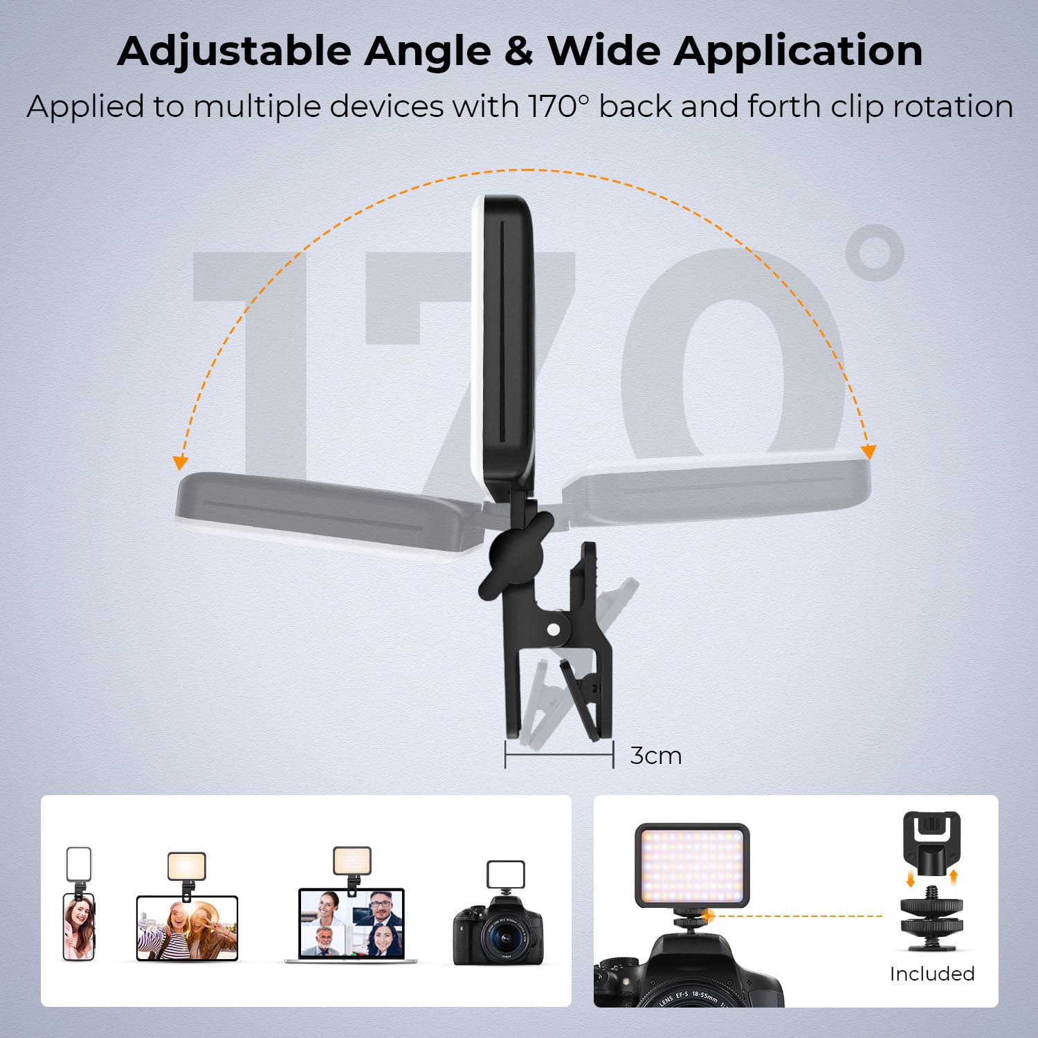 K&F Concept Led Video Light, Clip Fill Light With 4 Color Filter, 2000Mah Rechargeable Conference Light, Cri 95+, 3 Light Modes,