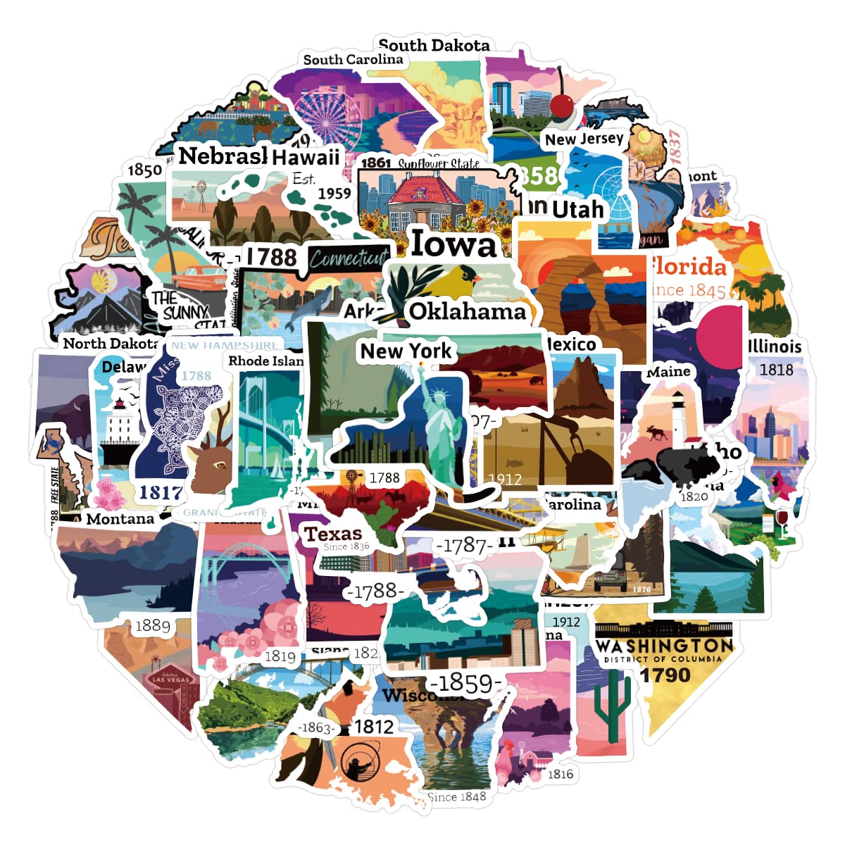 50Pcs United States Travel Map Stickers Pack, Waterproof Vinyl Stickers For Scrapbook Water Bottles Laptop Guitar Computer Phone