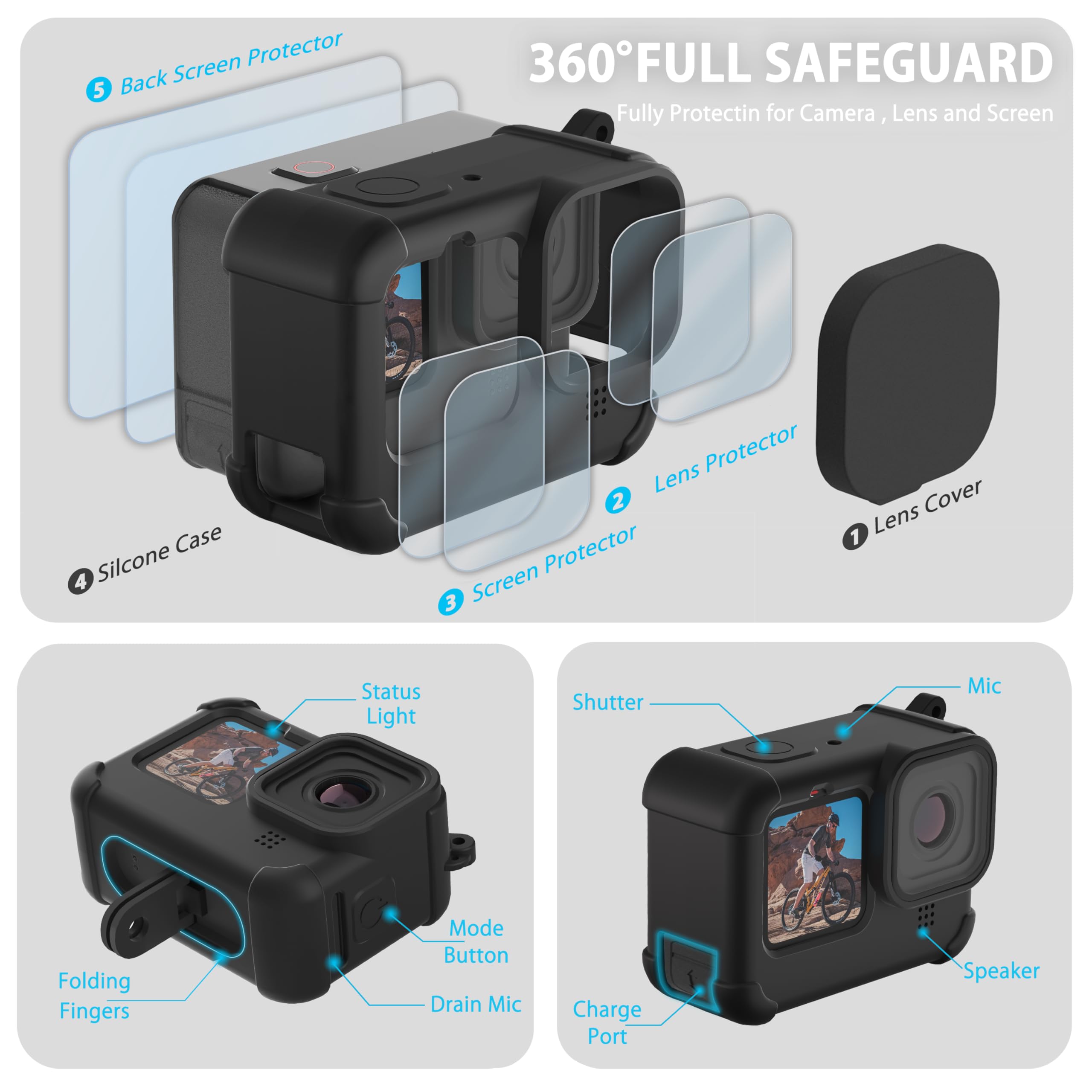 Fitstill Blue Silicone Sleeve Case For Go Pro Hero 11 Hero 10 Hero 9 Black, Battery Side Cover&Screen Protectors&Lens Caps&Lanya