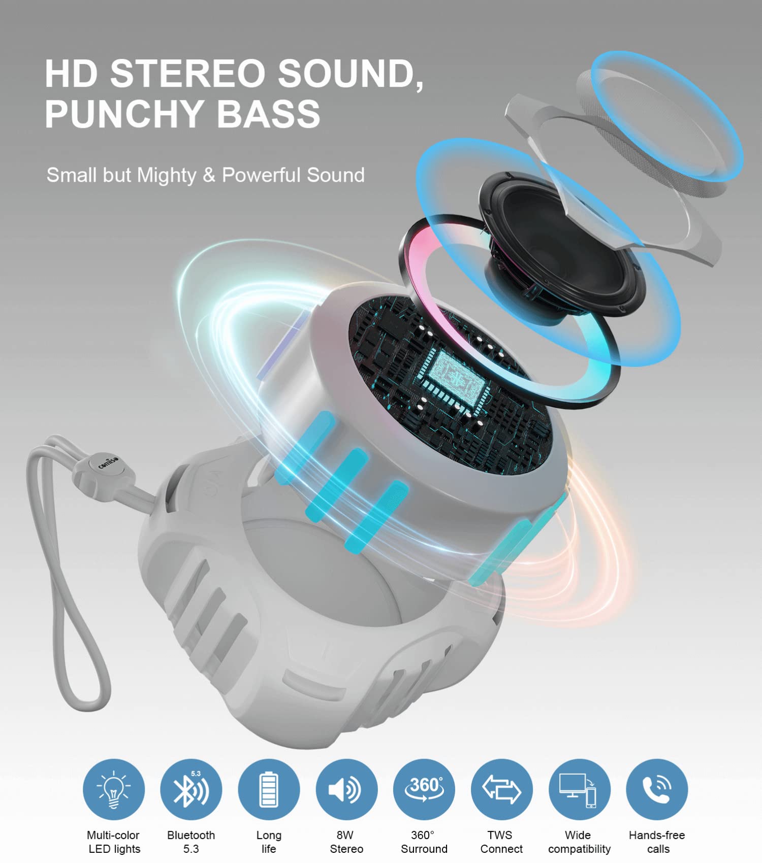 Comiso Shower Bluetooth Speaker, Ipx7 Waterproof Speaker With Multiple Light, Floating, Wireless Speaker With Punchy Bass And Loud Hd Sound 2000Mah For Travel Beach Shower, Gift For Men, Women