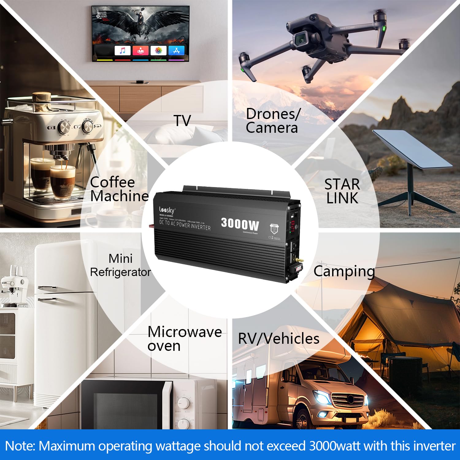 3000 Watt Power Inverter 3000W 12V Dc To 110V 120V Ac Inverter For Car Outdoor Solar Power Home Rv Truck Compatible With Lithium