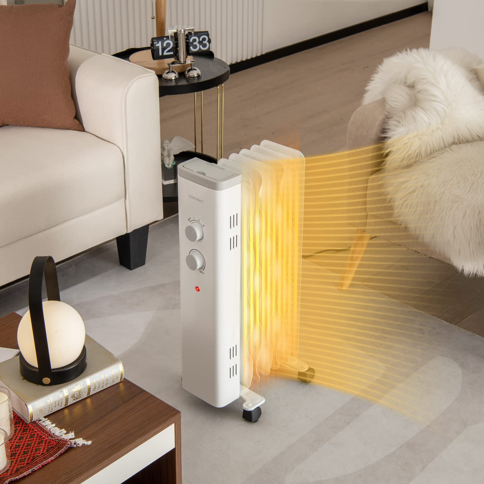 Costway 1500W Oil Filled Radiator Heater, Electric Oil Radiant Heater W/Universal Wheels, 3 Level Heat, Tip Over & Overheat Prot