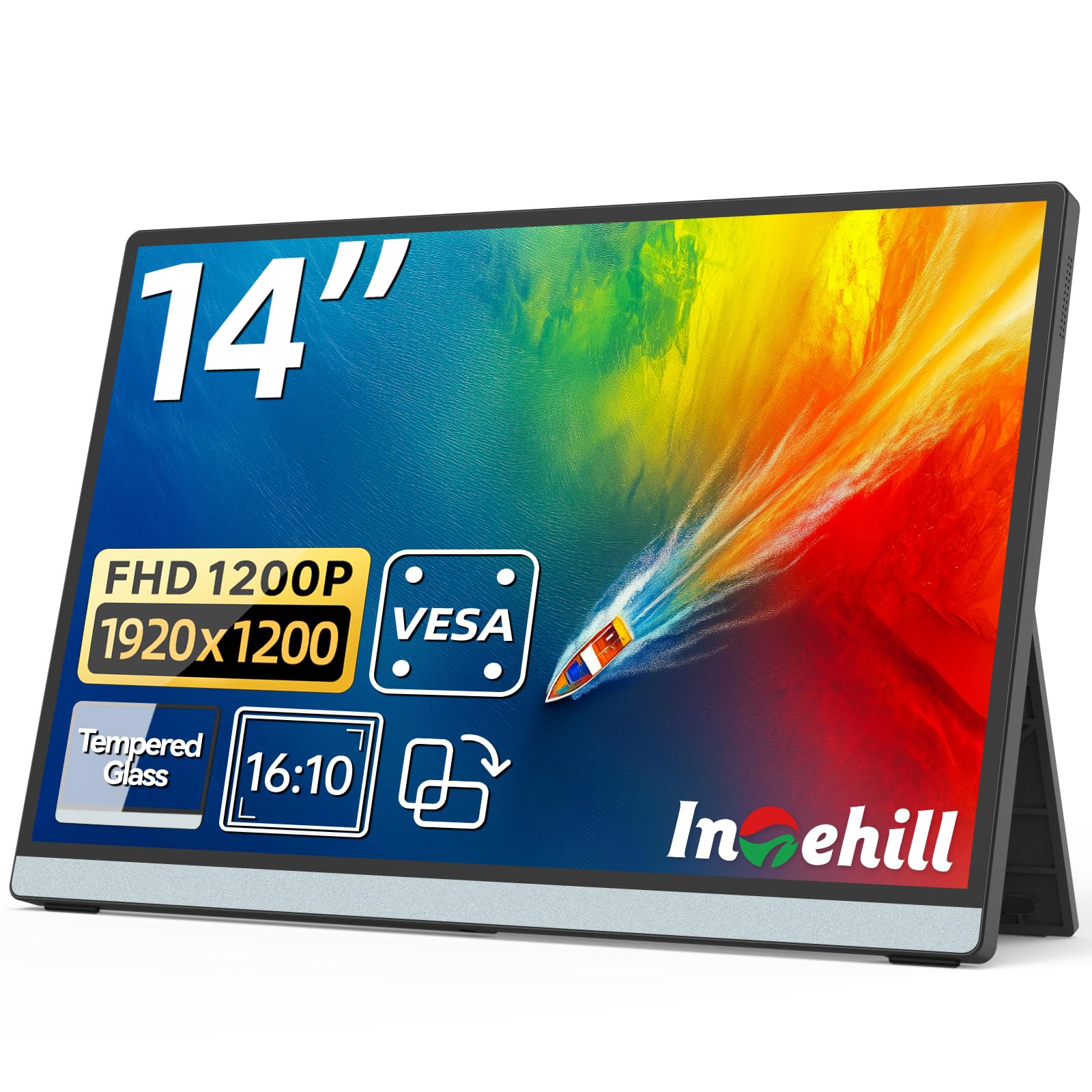 Intehill 14 Portable Monitor, 1200P Self-Standing Portable Screen with Full Laminated Tempered Glass, 16:10 USB-C HDMI External