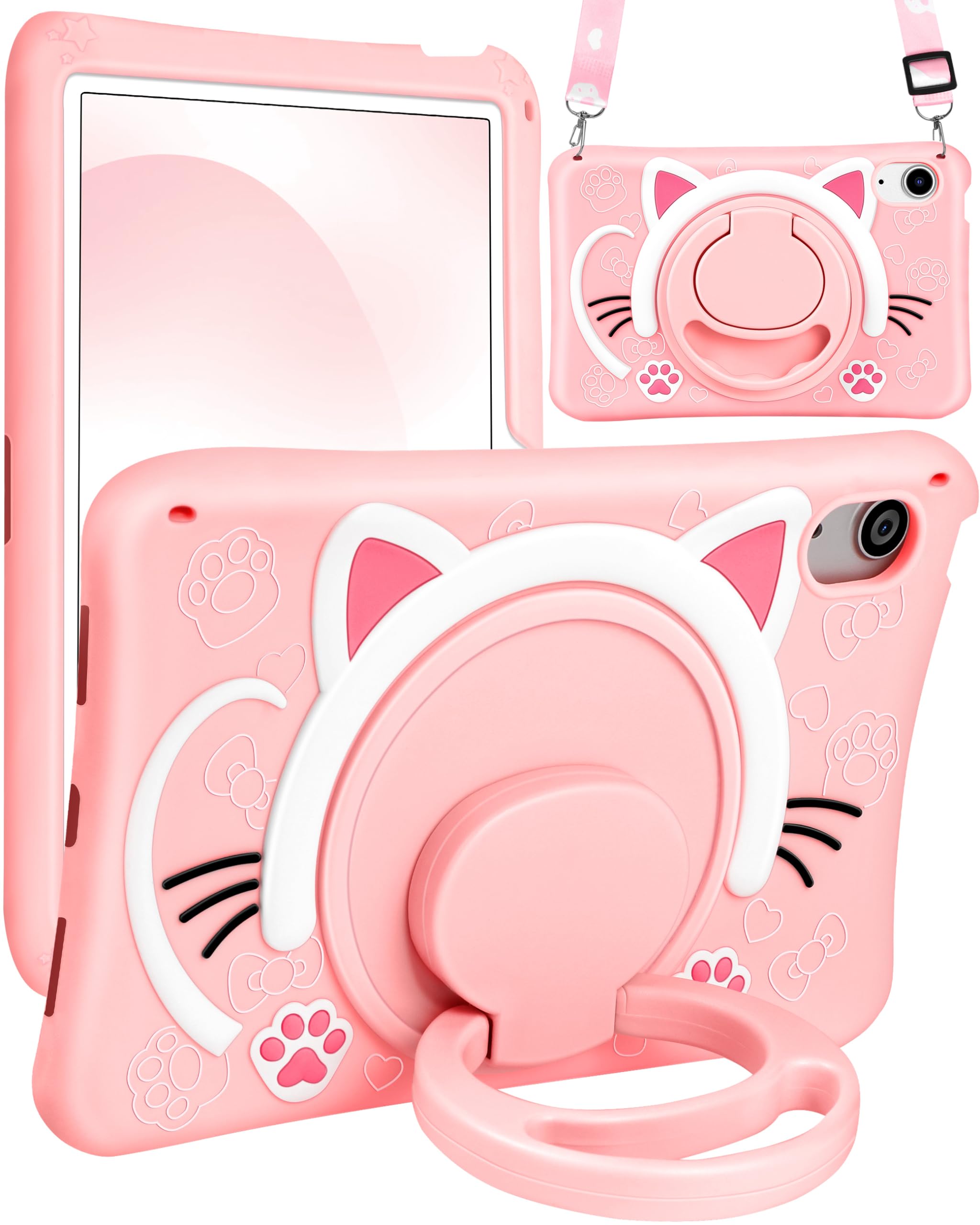 Wazzasoft For Ipad Mini 6 Case 8.3 Inch Girls Cute Cat Kawaii Cover Girly 3D Cartoon Women Kitten With Rotating Handle Stand & S