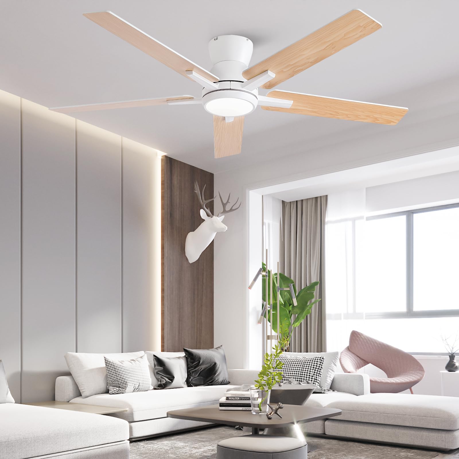 52 Inch Ceiling Fans With Lights,White Low Profile Ceiling Fan With Light And Remote Control,Flush Mount,6 Speed Reversible Dc M