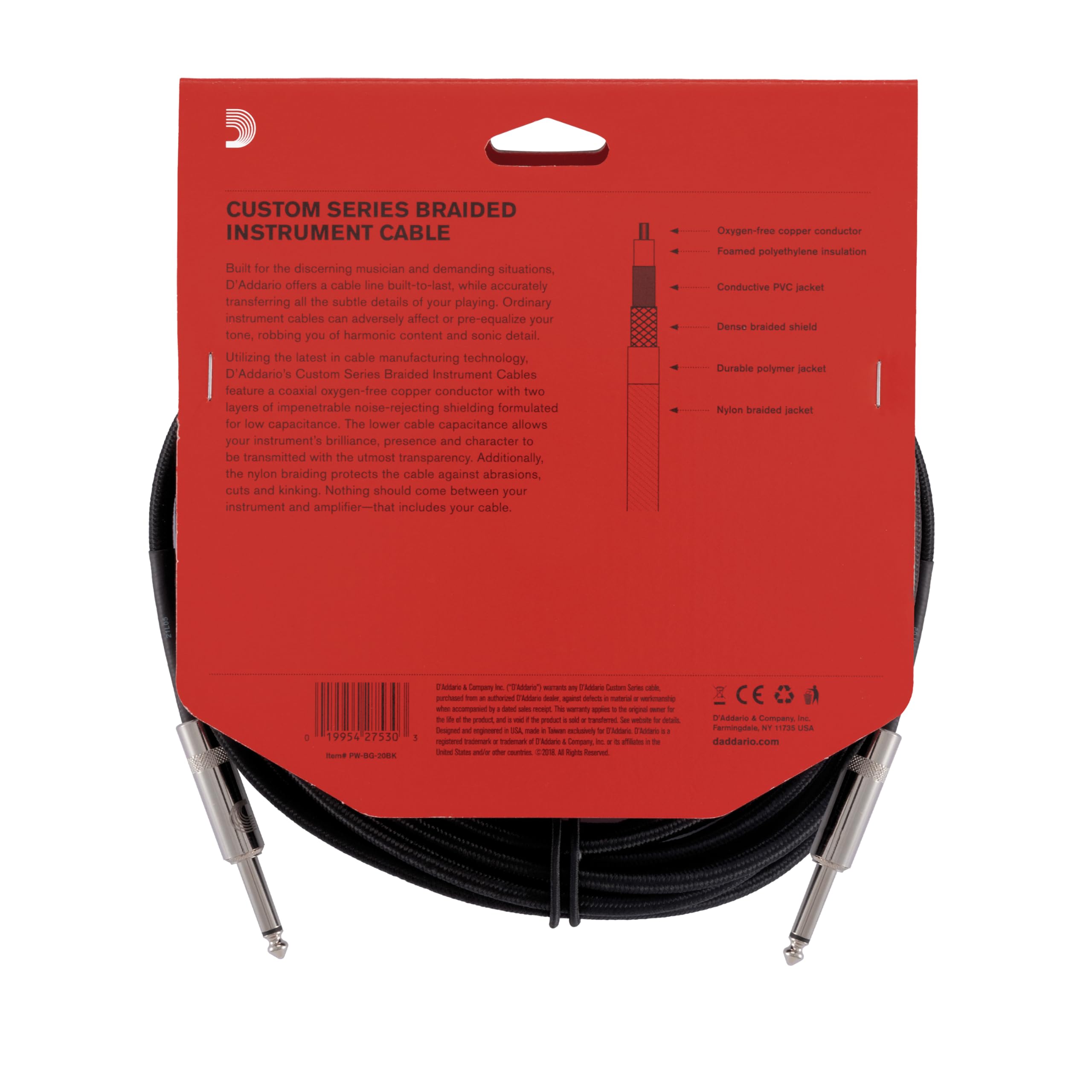 Daddario Guitar Cable   Guitar Lead   Instrument Cable   Guitar Accessories   Custom Series Braided Cable   20 Feet762 Meters