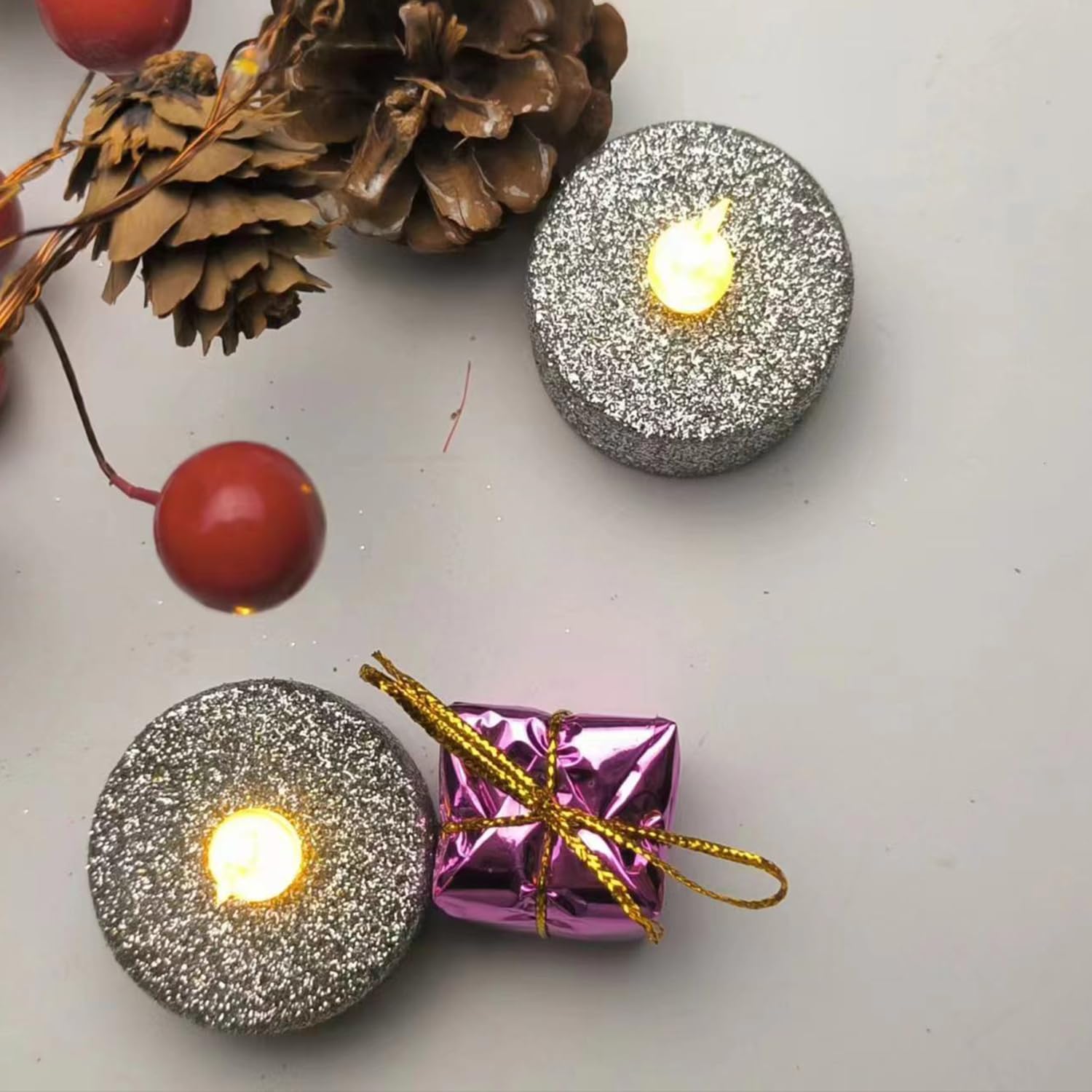 Oneihomm Silver Flameless Tealight Candles With Timer,Glitter Battery Operated Tea Lights For Event, Christmas Decorations,Anniv