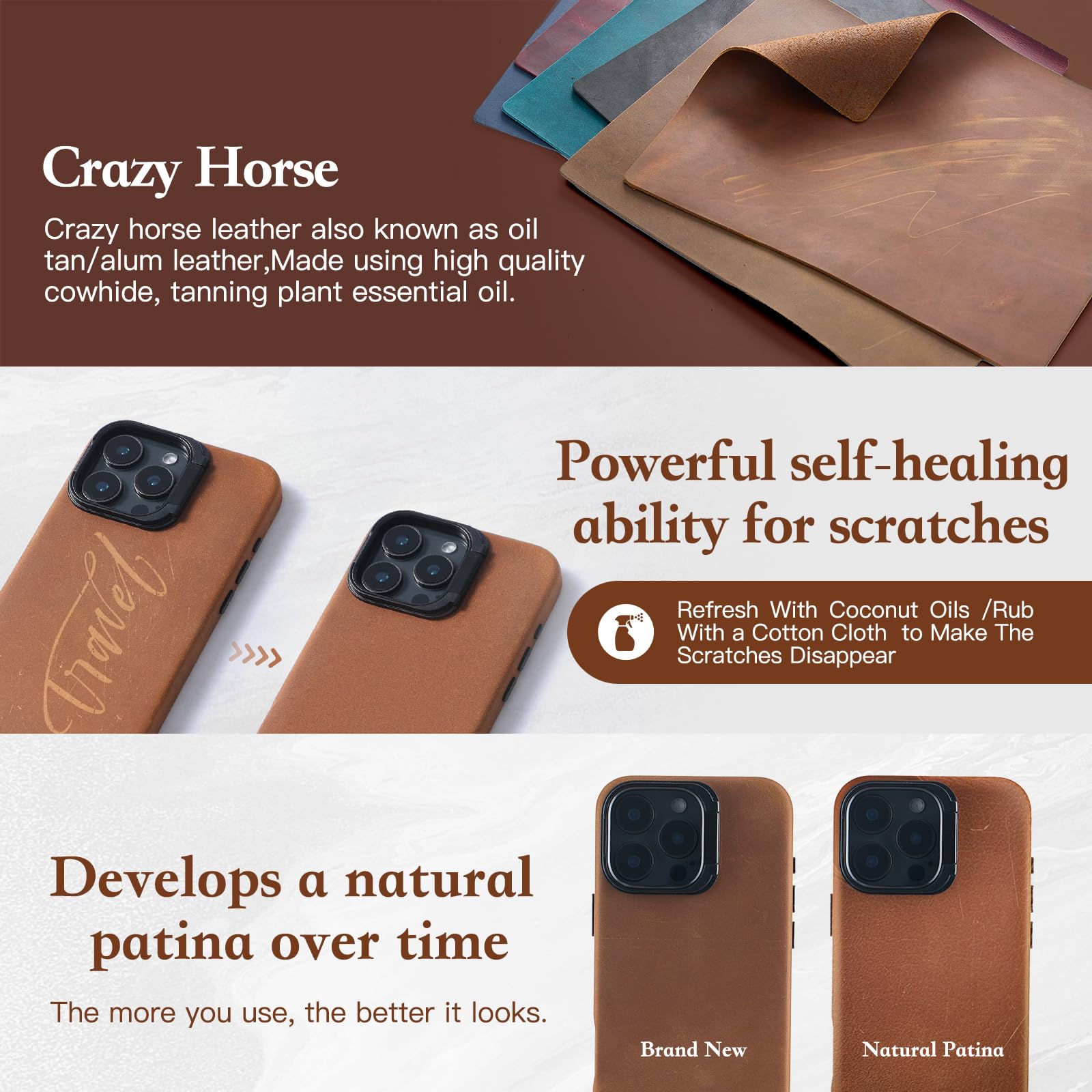 Inunion For Iphone 16 Pro Max Case Genuine Leather With Magsafe, Built-In Stash Stand Phone Case-Vintage Top Full Grain Crazy Ho