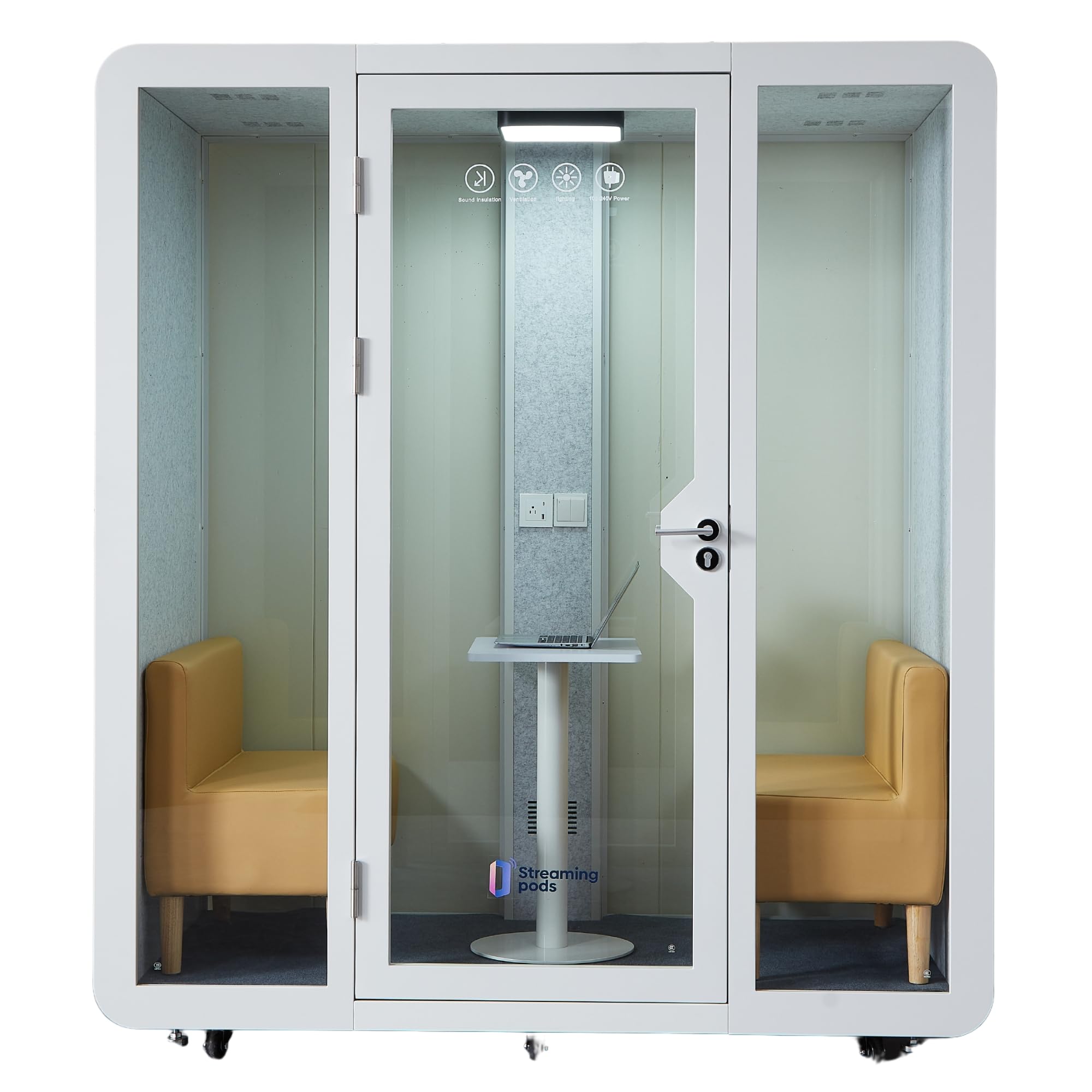 GEARONIC Mobile Office Pod Booth, Standard Sound Proof Office Pod for 2 People, Sound Pod Booth with Mobile Roller, LED Lighting