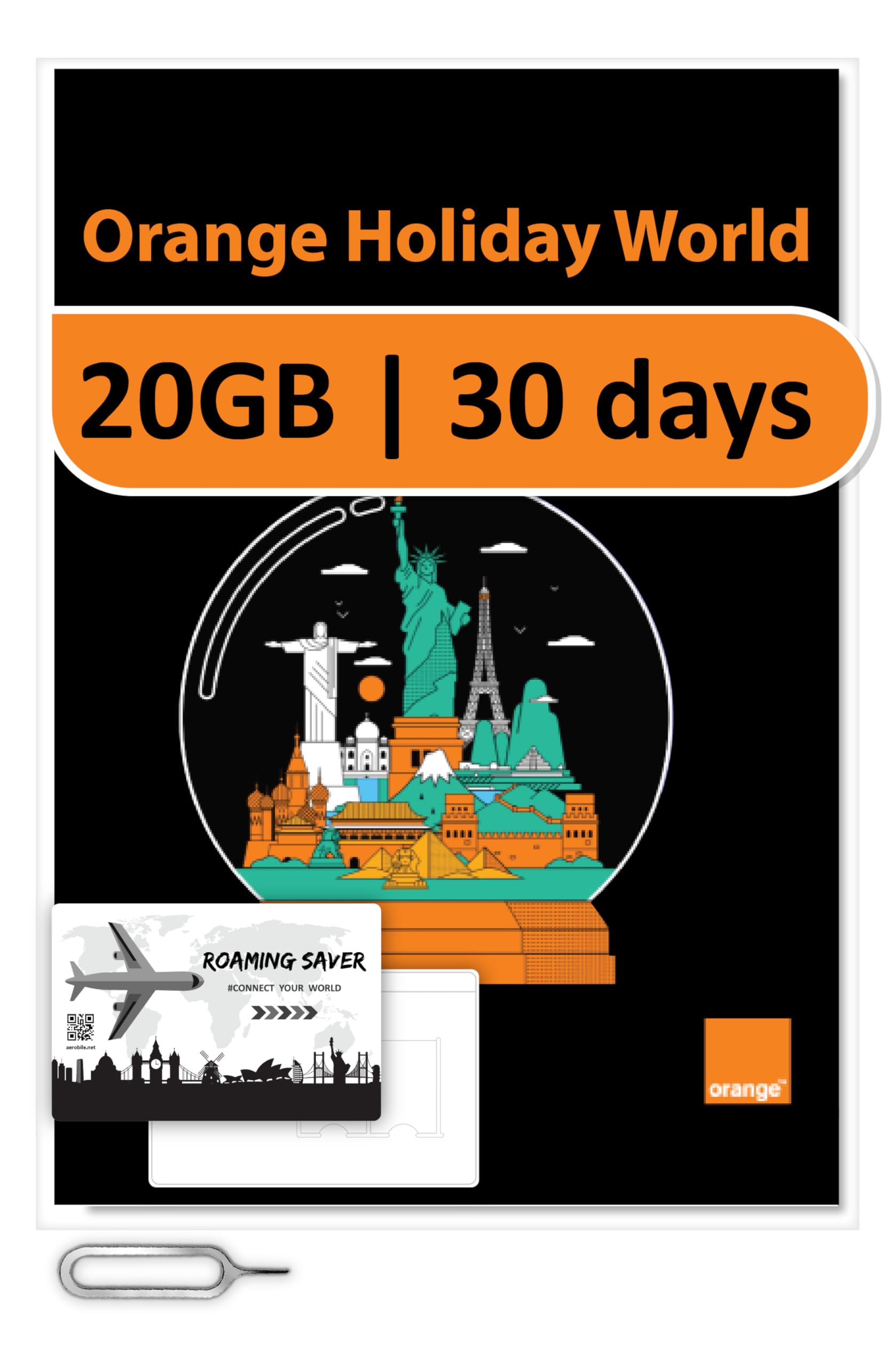 Orange Holiday Worldwide Prepaid Sim Card 20Gb Internet Data For 30 Days In 4G/Lte | Data Tethering Allowed | Calls & Sms | 1 Si