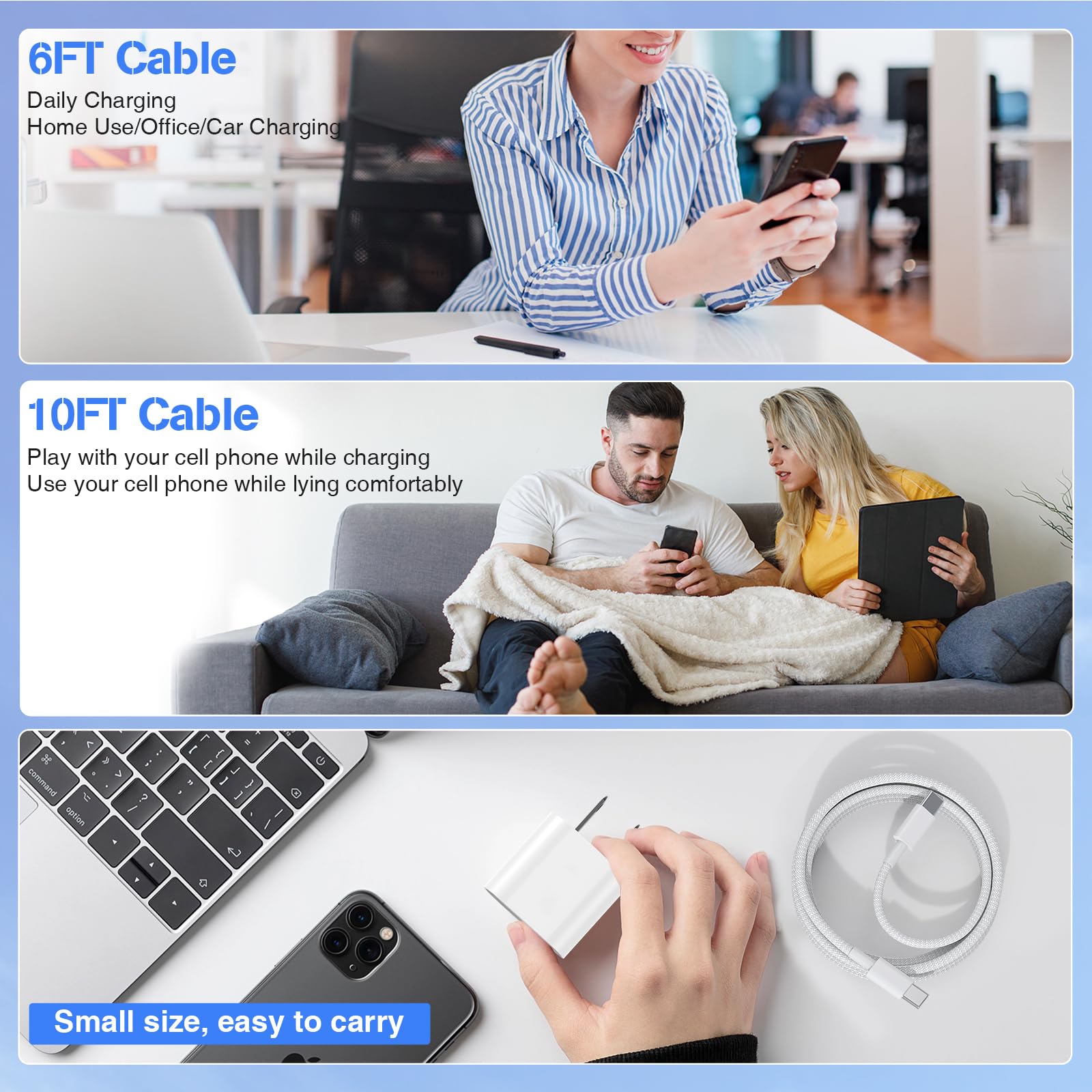 Fast Charging For Iphone 15 16 Pro Max Charger Colorful, 3Pack 20W Usb C Fast Chargers Block With 6/6/10Ft Long Usb C To Usb C B