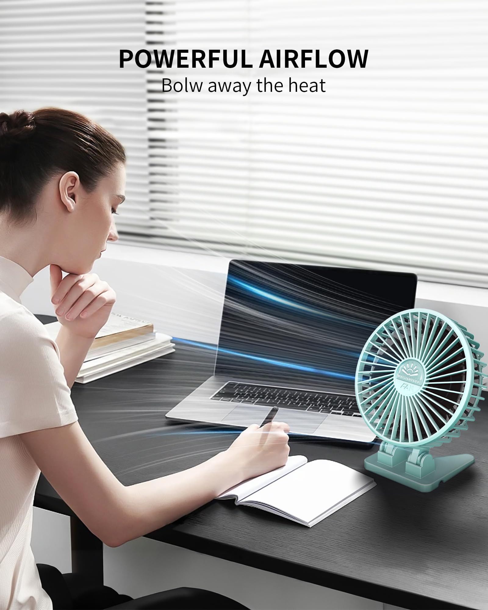 WHILIGHTGOD USB Desk Fan 3 Speed Portable Quiet Plastic Green