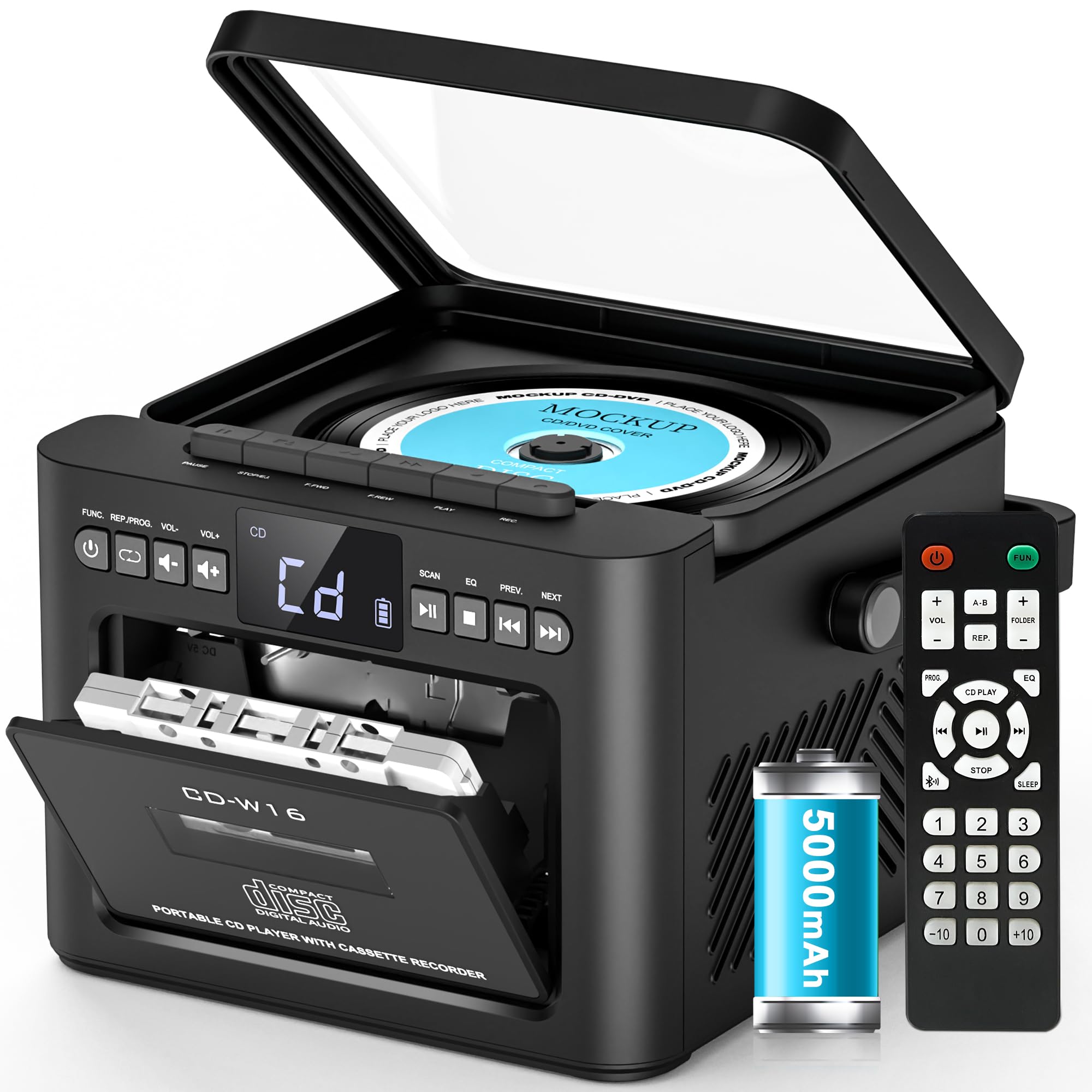 Greadio Boombox CD and Cassette Player Combo, 5000mAh Rechargable CD Player Boombox with Bluetooth Receive/Transmit/FM Radio/USB