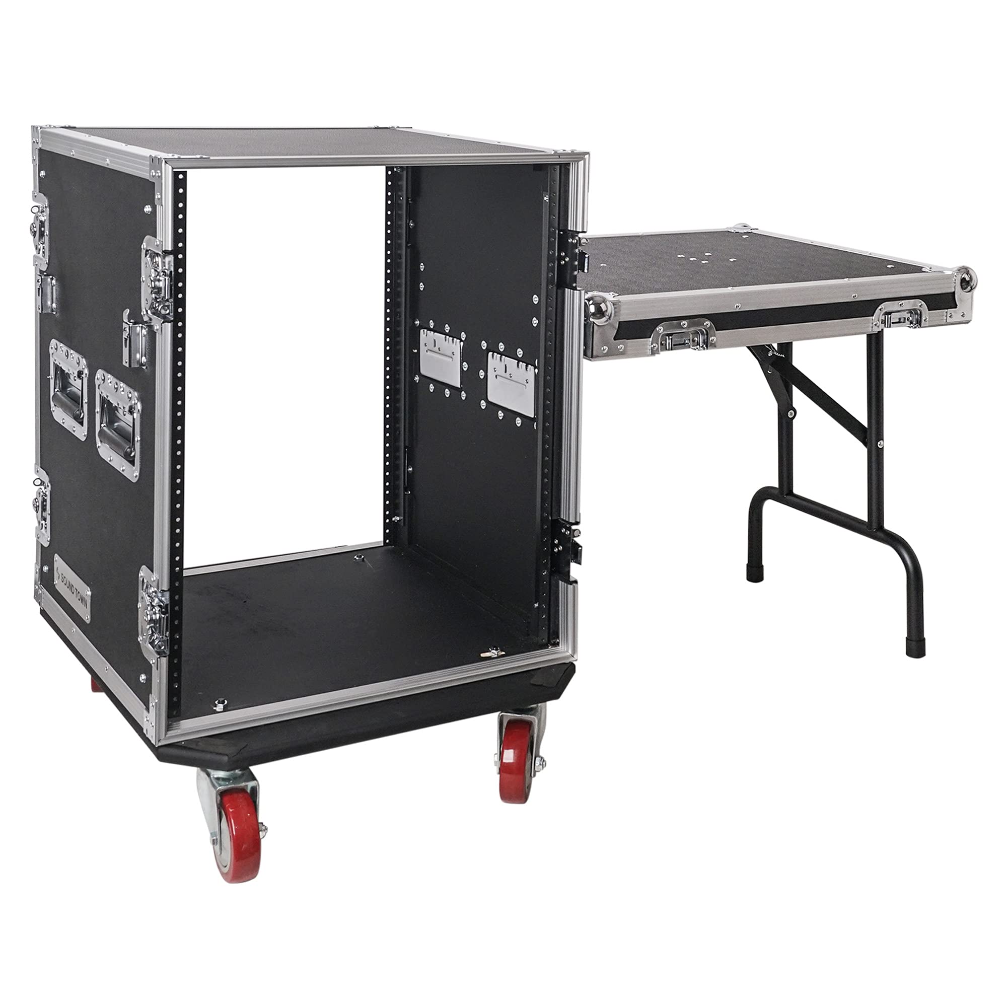 Sound Town 14U PA/DJ Rack/Road Case, 14Space, with 21 Rackable Depth, DJ Work Table, Casters, Plywood, Metal Ball Corners (STR