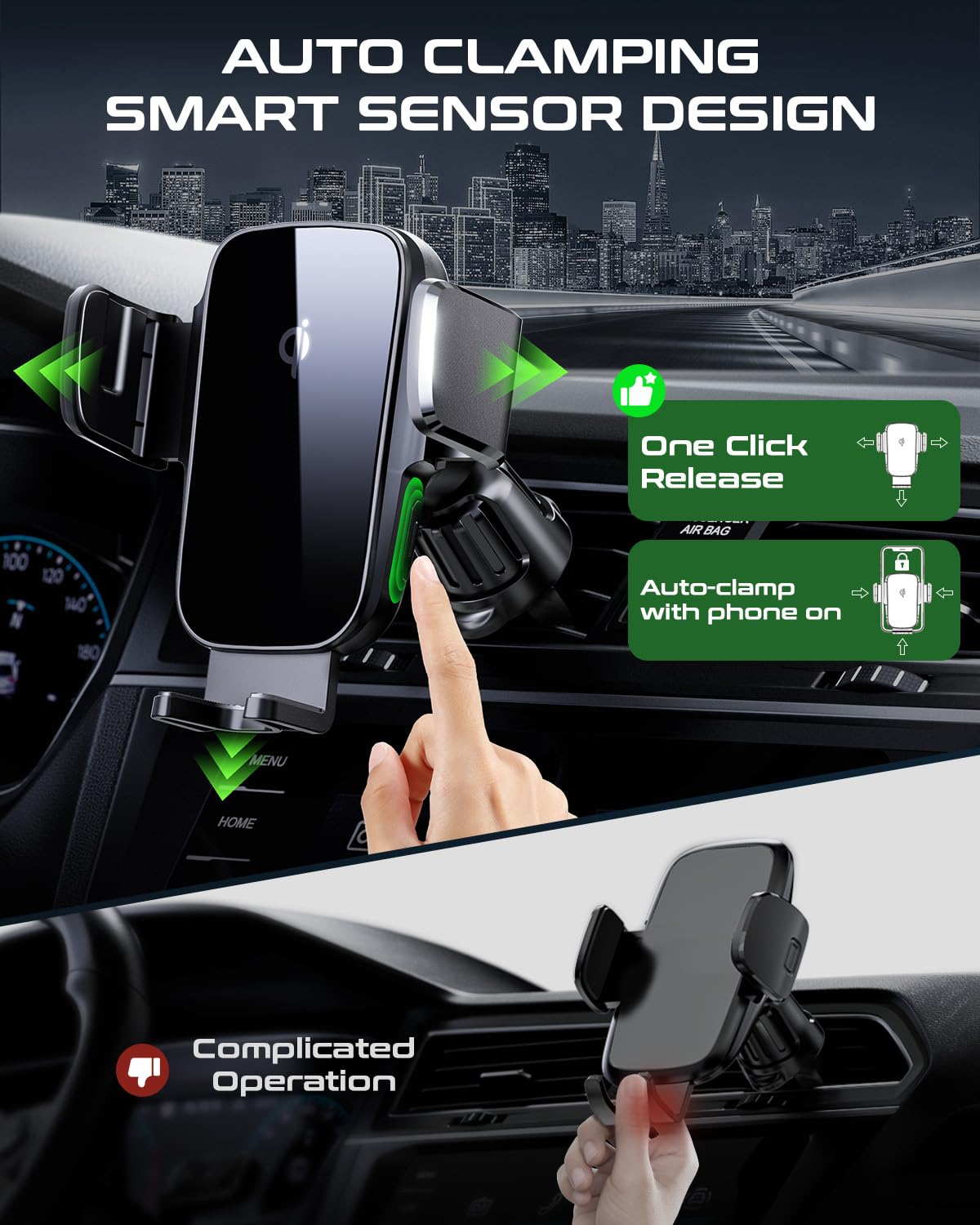 Eazpower Car Phone Holder Charger, Qi 15W Fast Charging Wireless Car Charger Mount, Auto Clamping Dashboard Air Vent Windshield