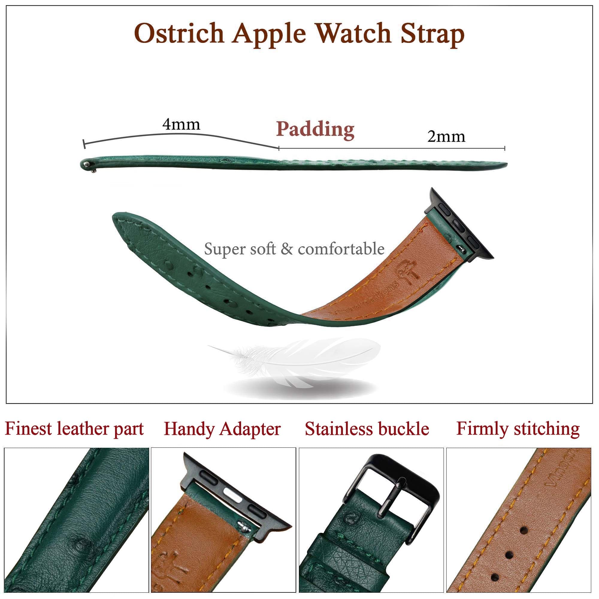 Green Ostrich Leather Band Compatible For Apple Watch 41Mm 40Mm 38Mm For Iwatch Men Replacement Strap Smartwatch Series 8 7 6 5