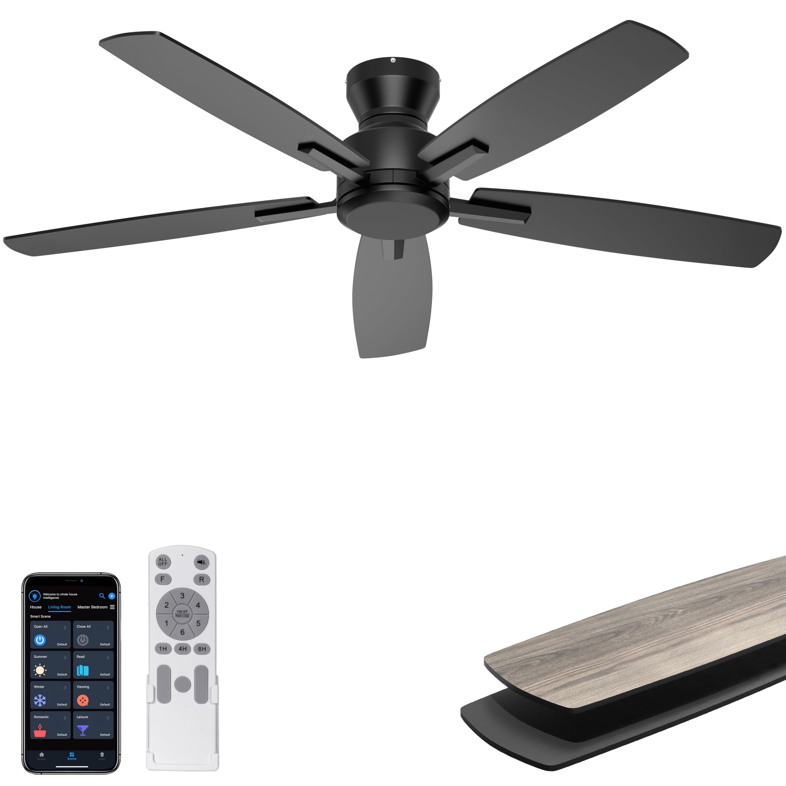 Ohniyou 52 Inch Ceiling Fan No Light, Low Profile Ceiling Fan with Remote and App Control, Flush Mount Ceiling Fan without Light