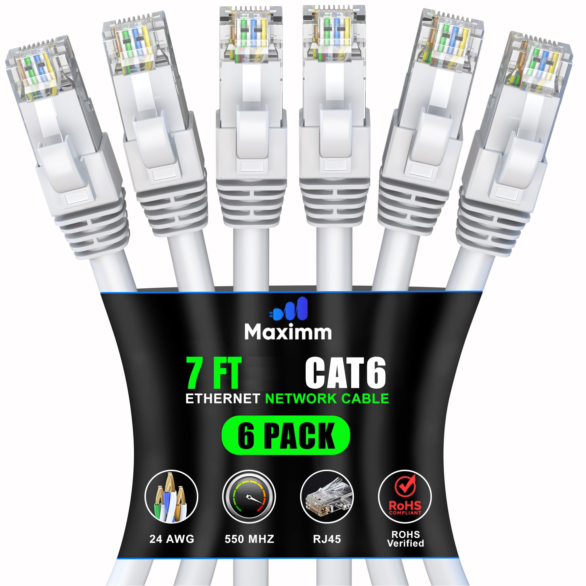 Maximm Cat 6 Ethernet Cable 7 Ft (6 Pack)   High Speed Lan Cable, Internet Cable, Patch Cable, And Network Cable   Utp, 10Gbps, 550Mhz Ethernet Cord   White