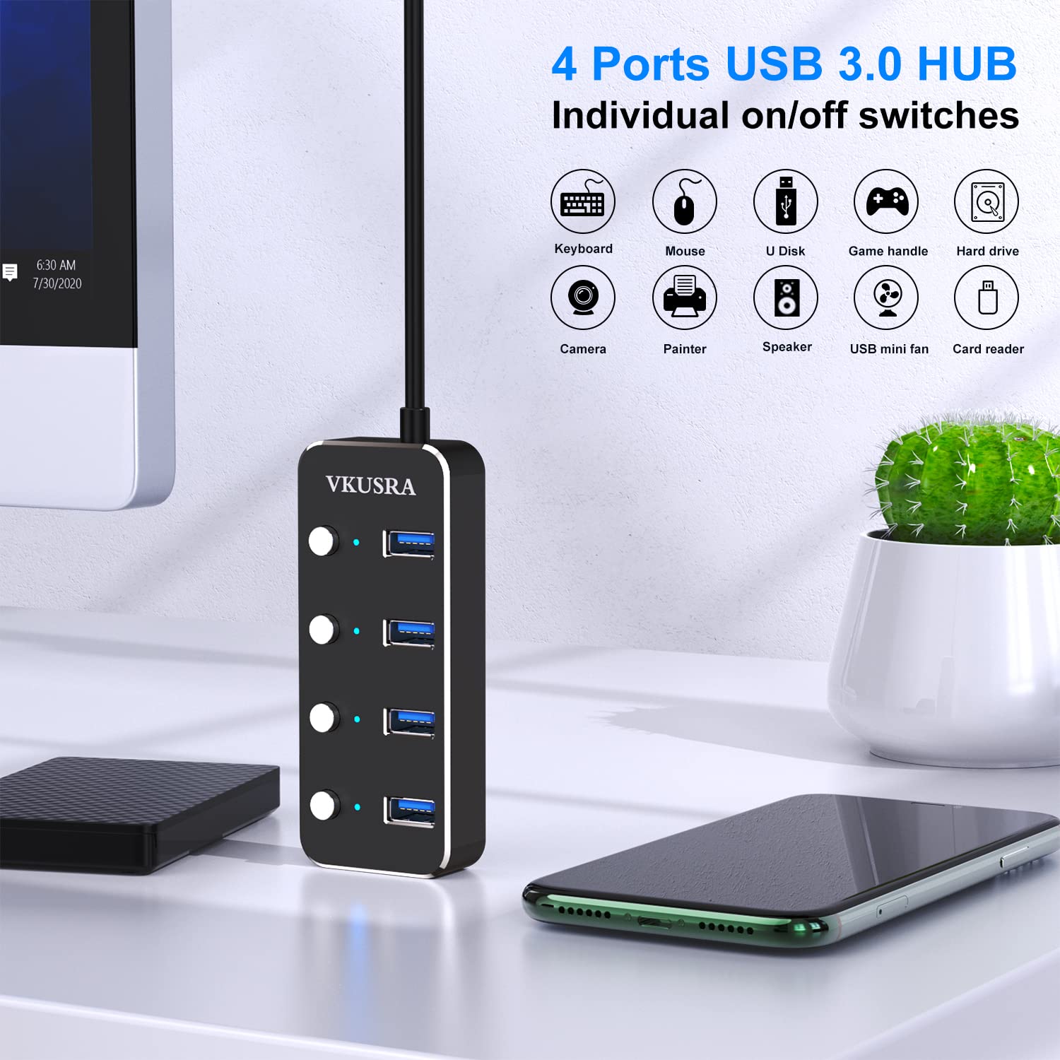 Usb Hub,Vkusra 4 Port Usb 3.0 Hub Splitter With 4Ft Usb Long Cable And Individual Led On/Off Switch,Usb Port Expander For Laptop Pc