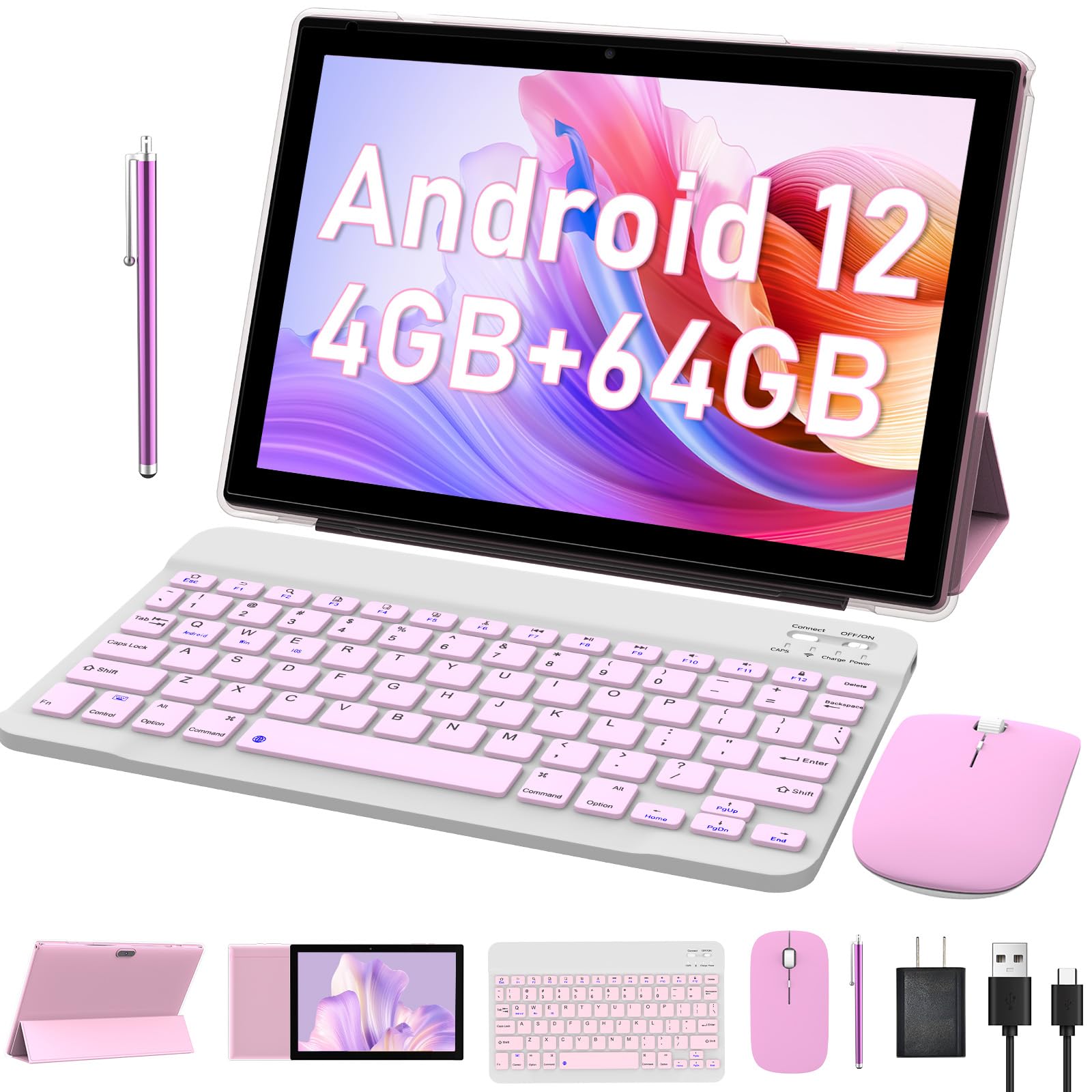 Byandby 2024 Newest Android 12 Tables 10 Inch, 2 In 1 Tablet, Quad Core Processor, 64Gb+4Gb+1Tb Expandable, Wi Fi, Bt, Dual Came