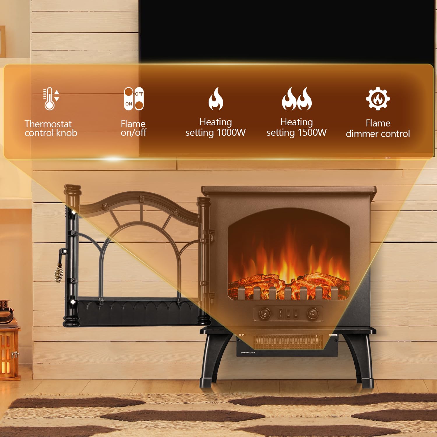 R.W.Flame Electric Fireplace Heater, 20'' Freestanding Fireplace Infrared Stove 1000W/1500W, 3D Realistic Flame Effects, Adjusta