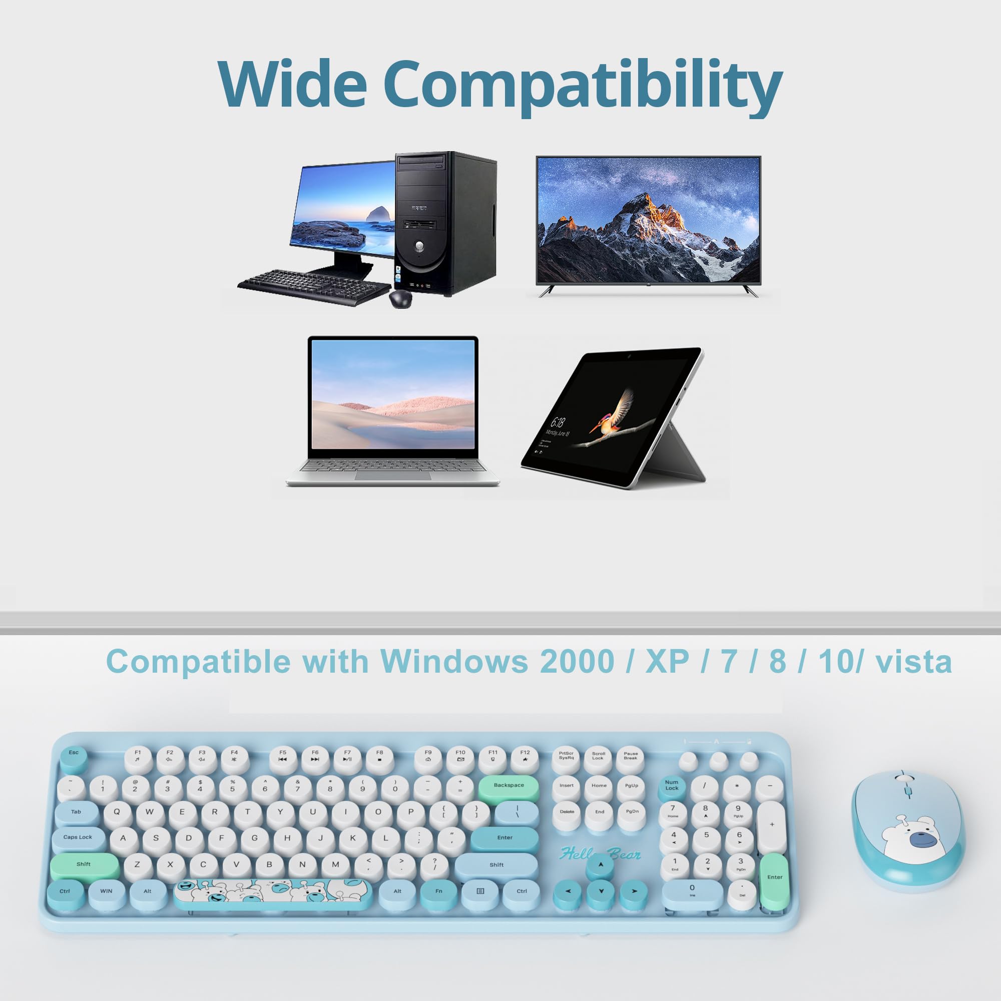 Fogruaden Wireless Keyboard And Mouse Combo, 2.4Ghz Retro Typewriter Keyboard, 104 Full Size Round Keycap Cute Computer Keyboard