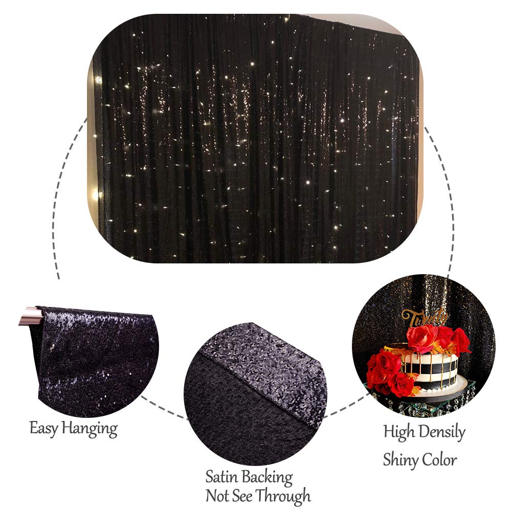 Squarepie Sequin Backdrop Non Transparent Background Sparkly Curtain For Wedding Party 8Ft X 8Ft Black