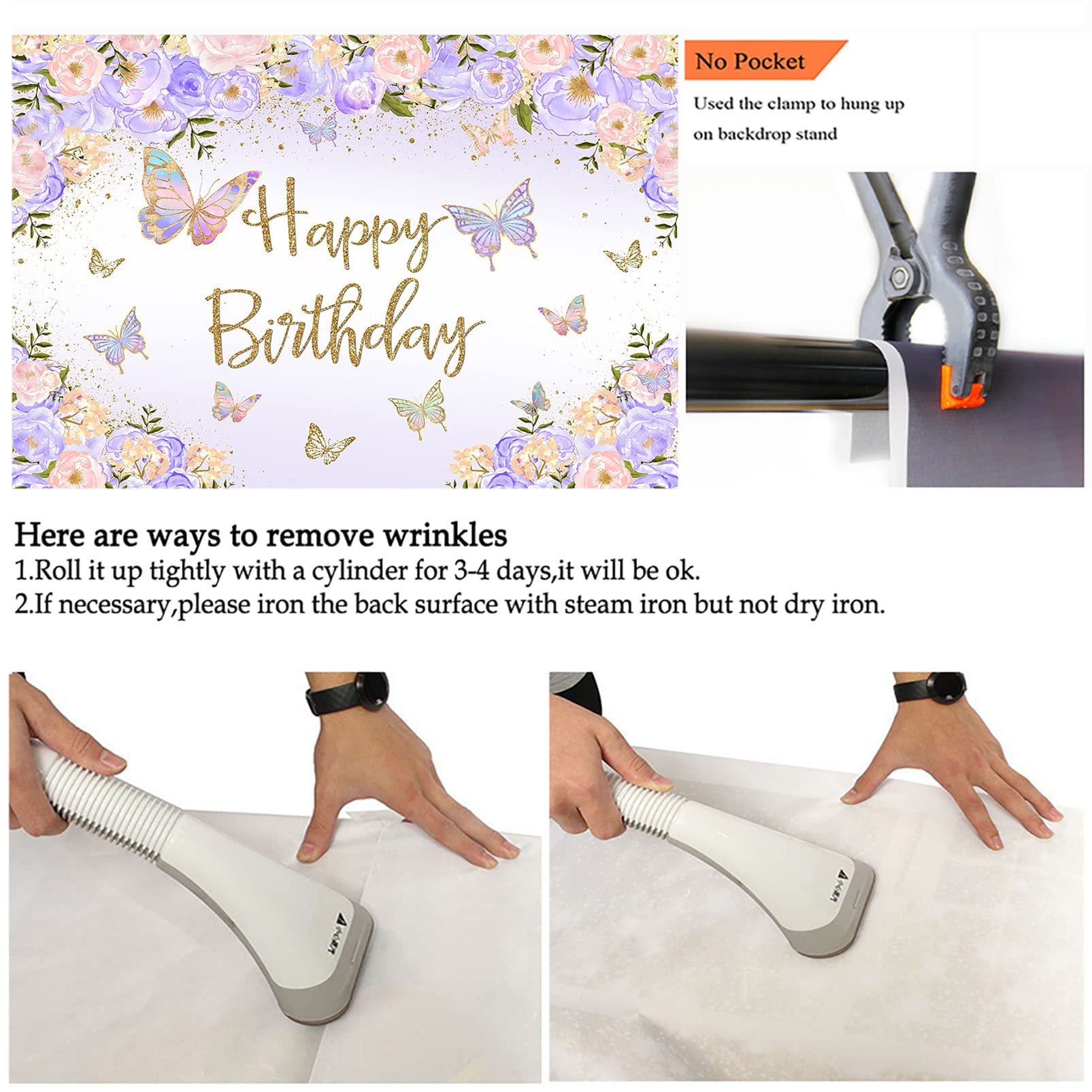 Avezano Purple Butterfly Birthday Backdrop For Girl'S Purple Peach Floral Pastel Butterflies Birthday Background Pink Lilac Purp