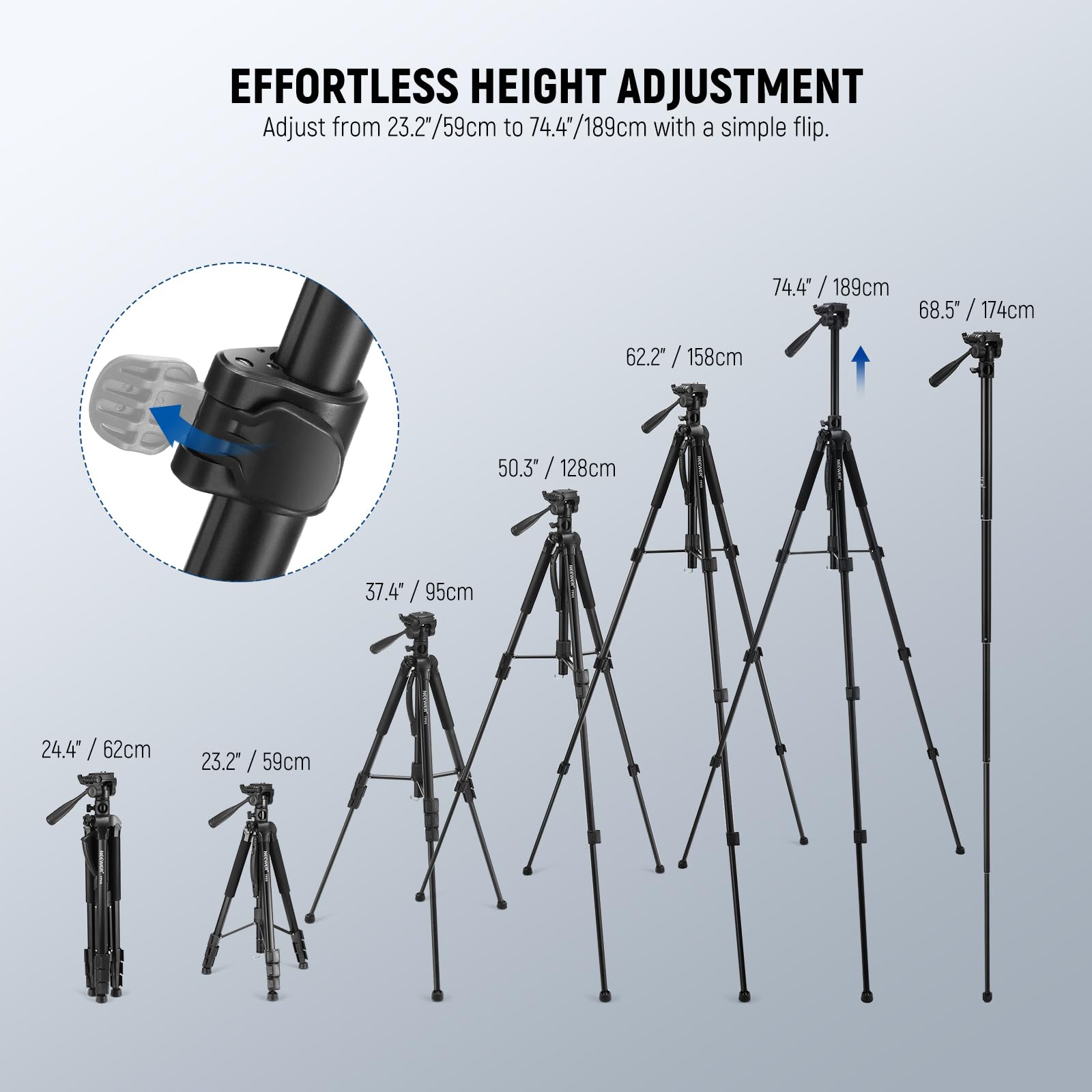 Neewer Basic 74'' Video Tripod Monopod, 3 Way Pan Tilt Head, Remote, Overhead Camera Mount, Horizontal Central Axis, Phone Holde