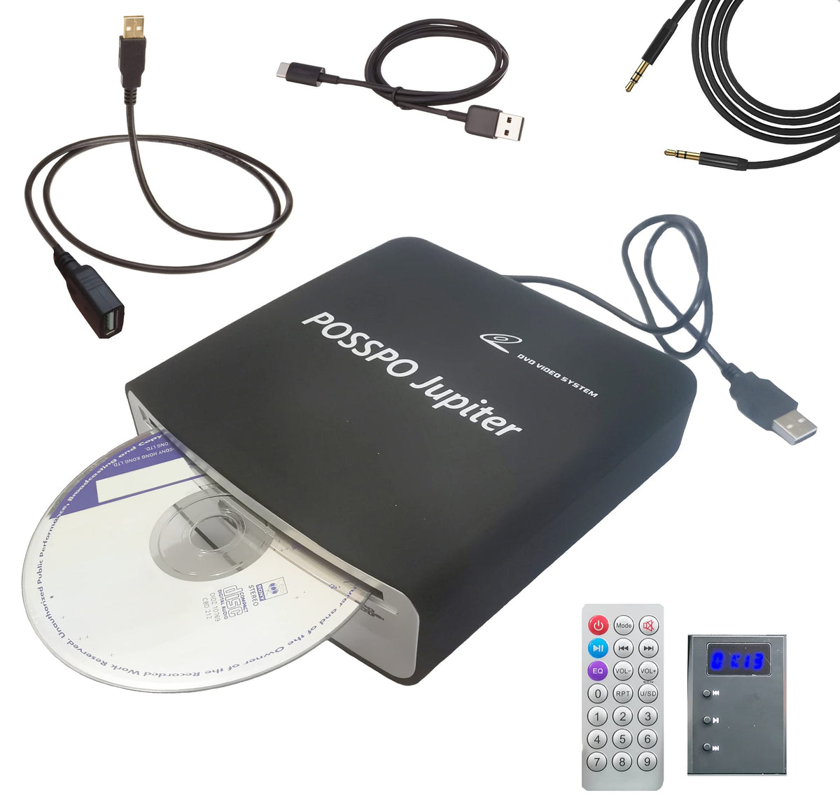Posspo Jupiter Cd Dvd Player For Car With Usb Port Aux Port, Portable External Cd Player That Plugs Into Car Laptop Desktop Tv M