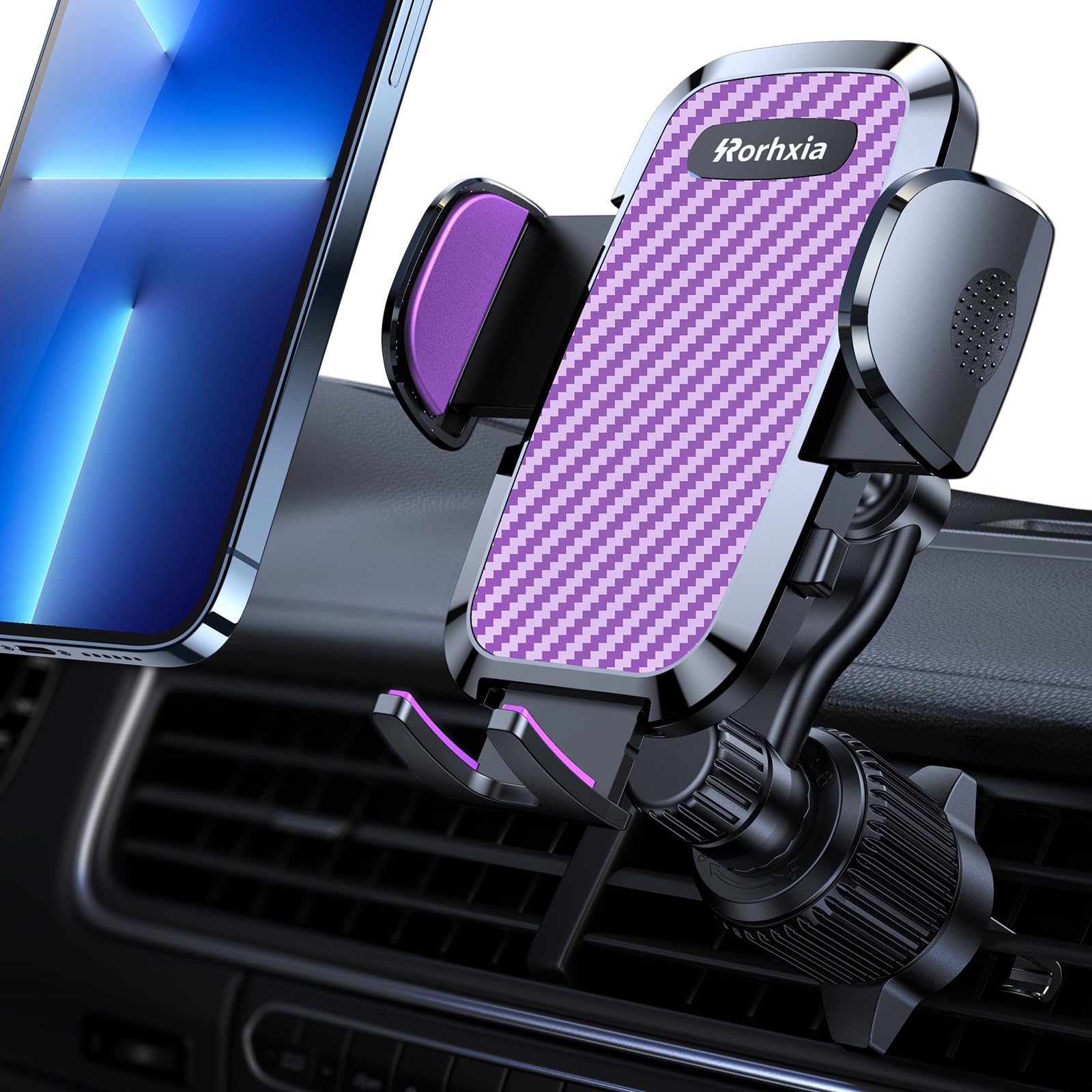 Rorhxia Purple Car Vent Phone Mount, [Never Blocking Vent, Enjoy The Comfort Of The A/C] Hands Free Universal Extension Clip Air