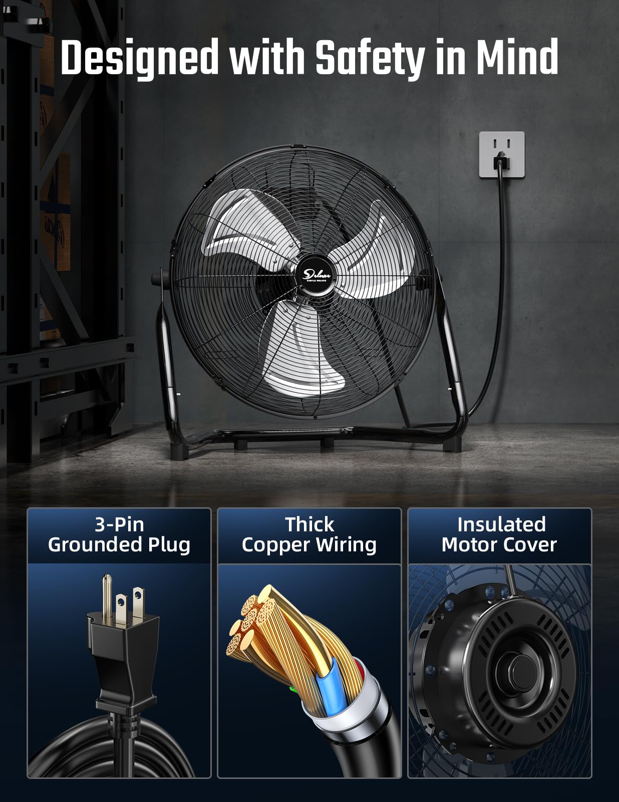 Simple Deluxe 20 Inch 3 Speed High Velocity Heavy Duty Metal Industrial Floor Fans Oscillating Quiet For Home, Commercial, Resid