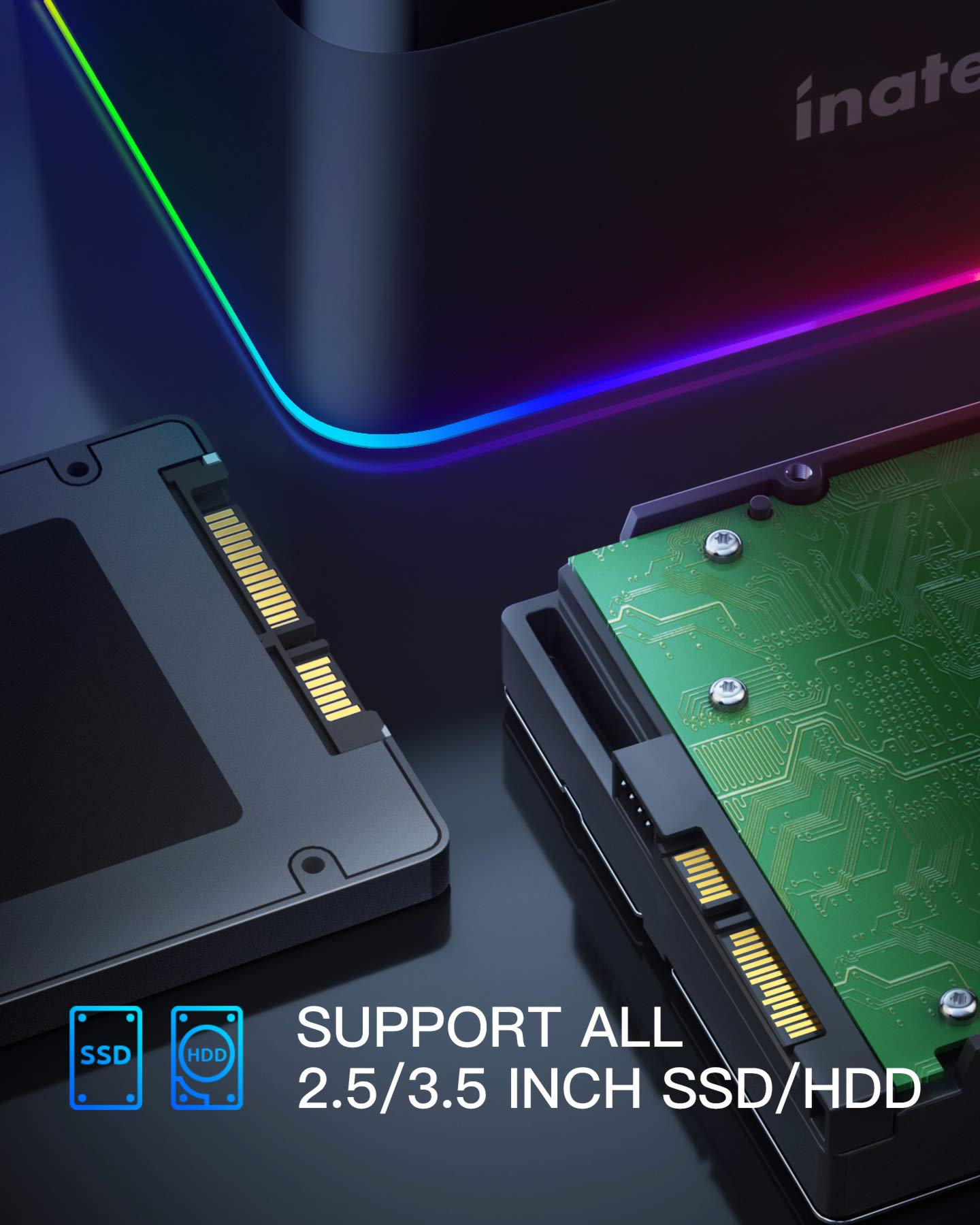 Inateck Rgb Sata To Usb 3.0 Hard Drive Docking Station With Offline Clone, For 2.5 And 3.5 Inch Hdds And Ssds, Uasp Supported, B