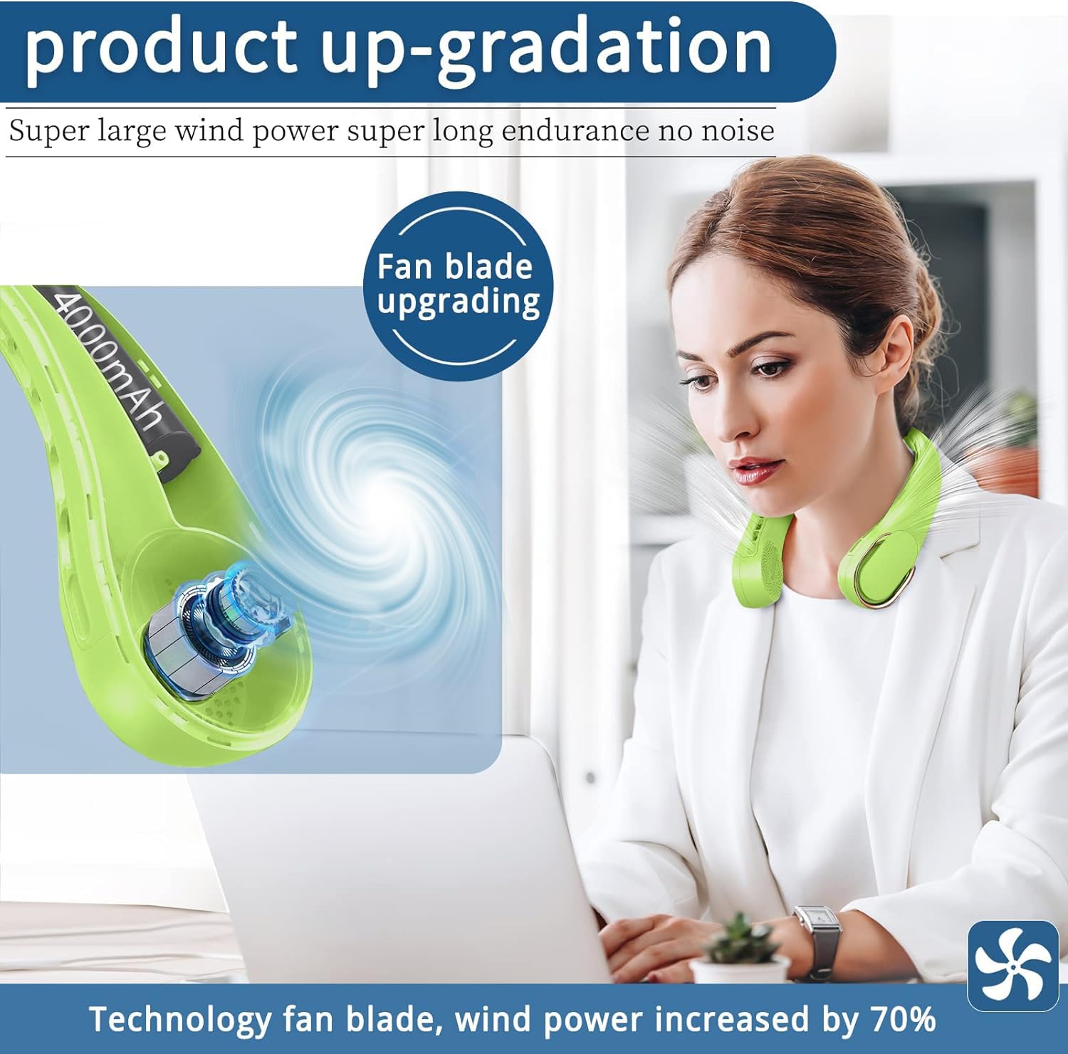 Asnug Portable Neck Fan, Bladeless, Usb Rechargeable Personal Fan, 4000 Mah Battery Operated, 3 Speeds Adjustable,Faster Cooling