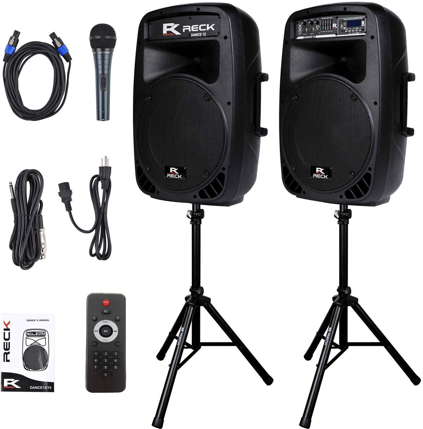 Proreck Dance 12 Portable 12 Inch 1000 Watts 2 Way Powered Pa Speaker System Combo Set With Bluetooth/Usb/Sd Card Reader/Fm Radio/Remote Control/Speaker Stand