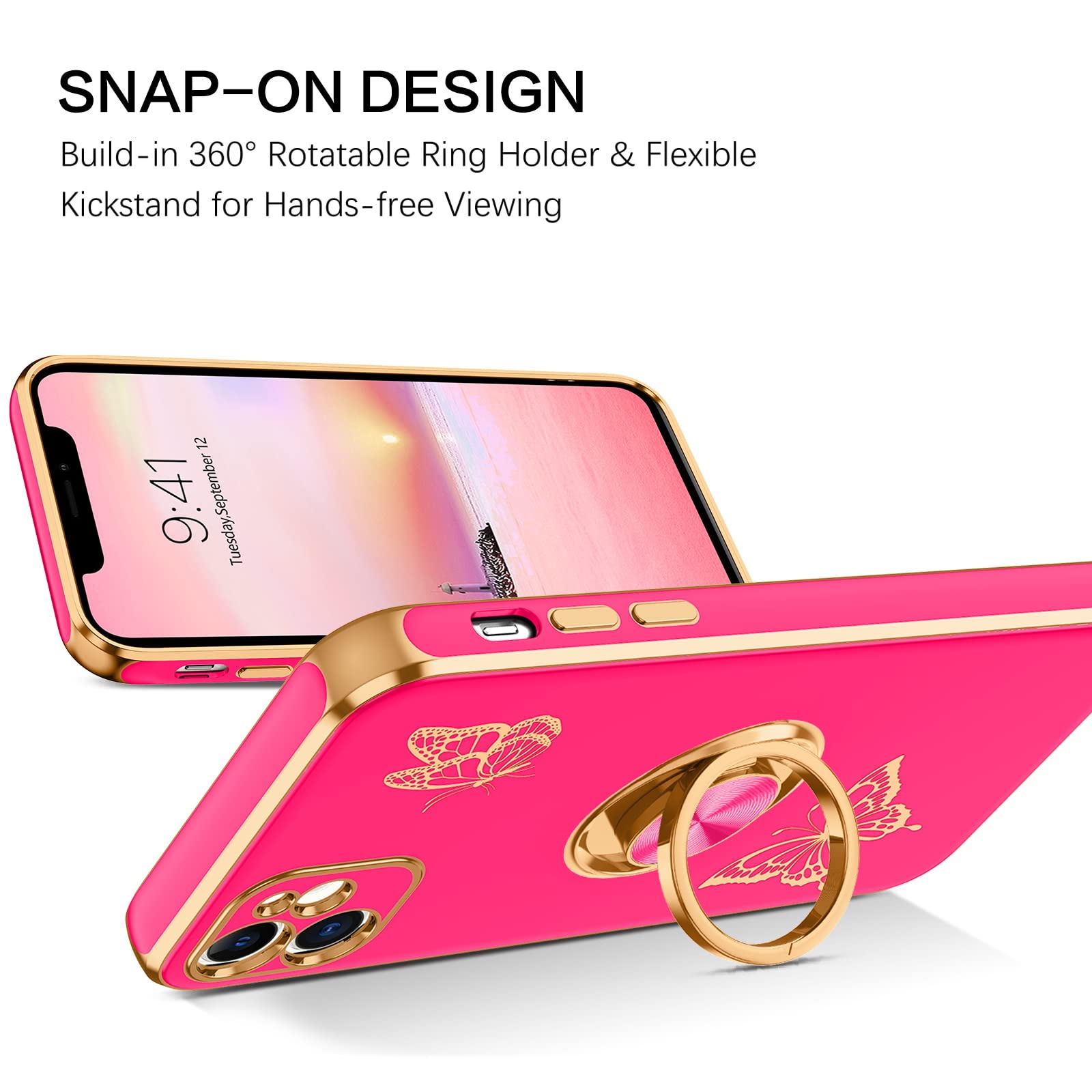 Bentoben For Iphone 11 Case, Phone Case Iphone 11, Slim Fit Gold Butterfly Design Kickstand Ring Holder Shockproof Protection So