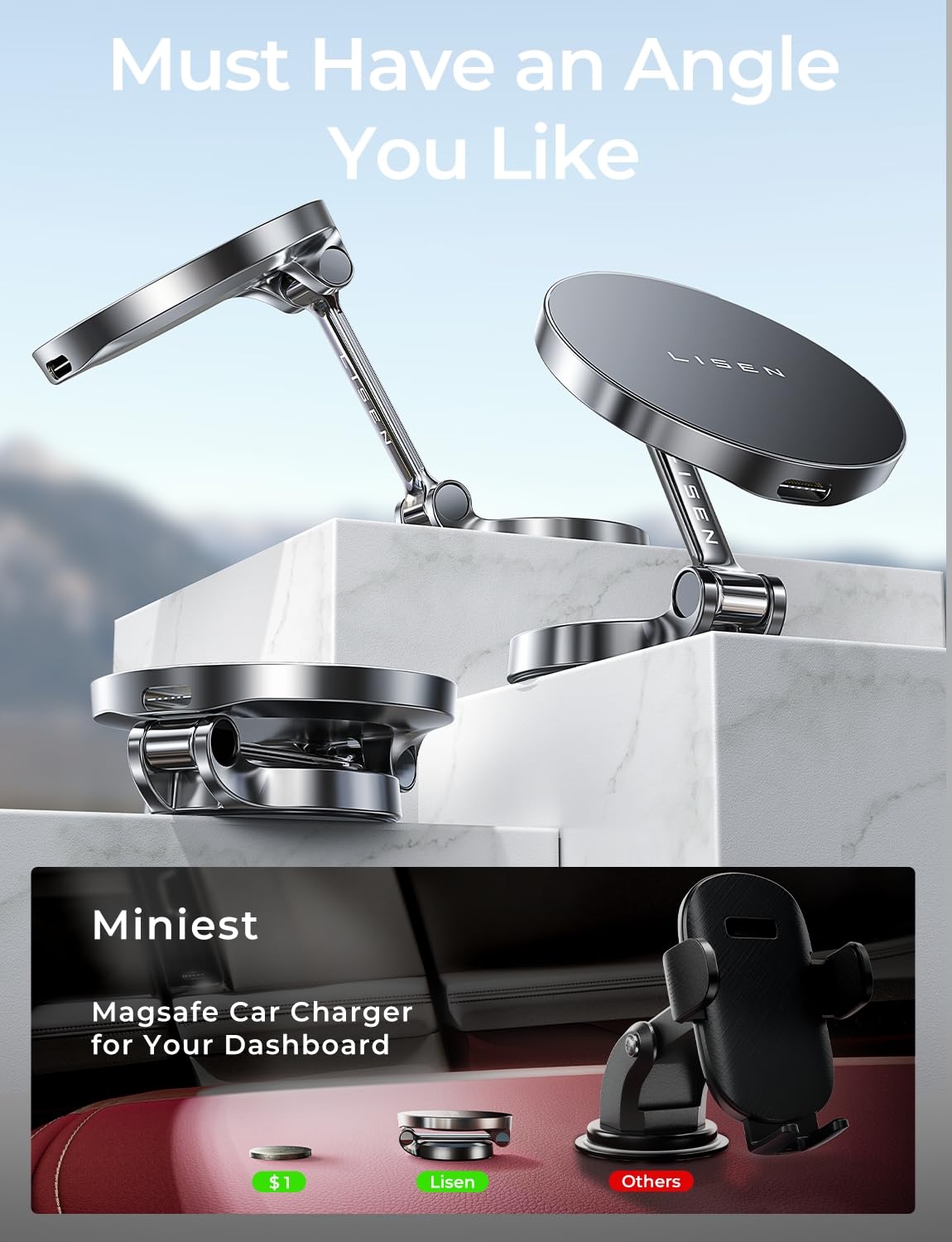 Lisen For Magsafe Car Charger, 15W Ultra Magnetic Car Phone Holder, For Magsafe Car Mount Charger Metal Dashboard Cell Phone Car